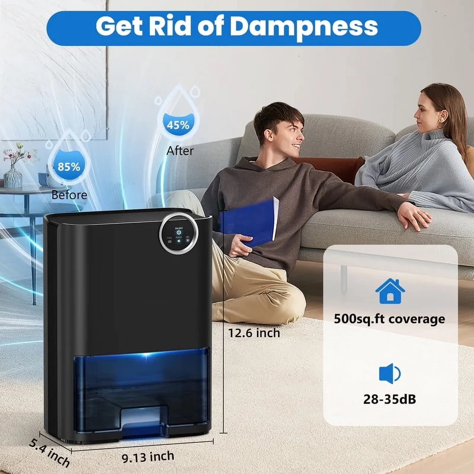 Dehumidifier Premium with LED, Automatic Shut-Off, Size: 9.1*5.4*12.5 (inch) - Black for Home Model 66E664