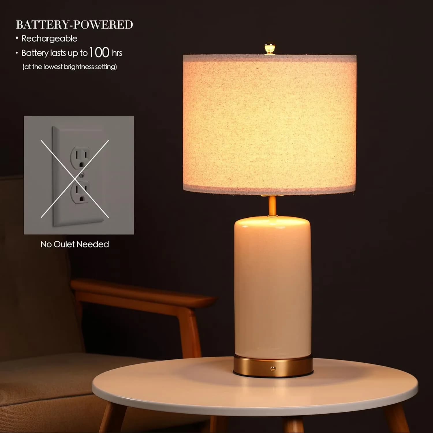 Sleek Lamp with LED, Battery, Energy Efficient - Ceramic White 24 inch Model 031FB1