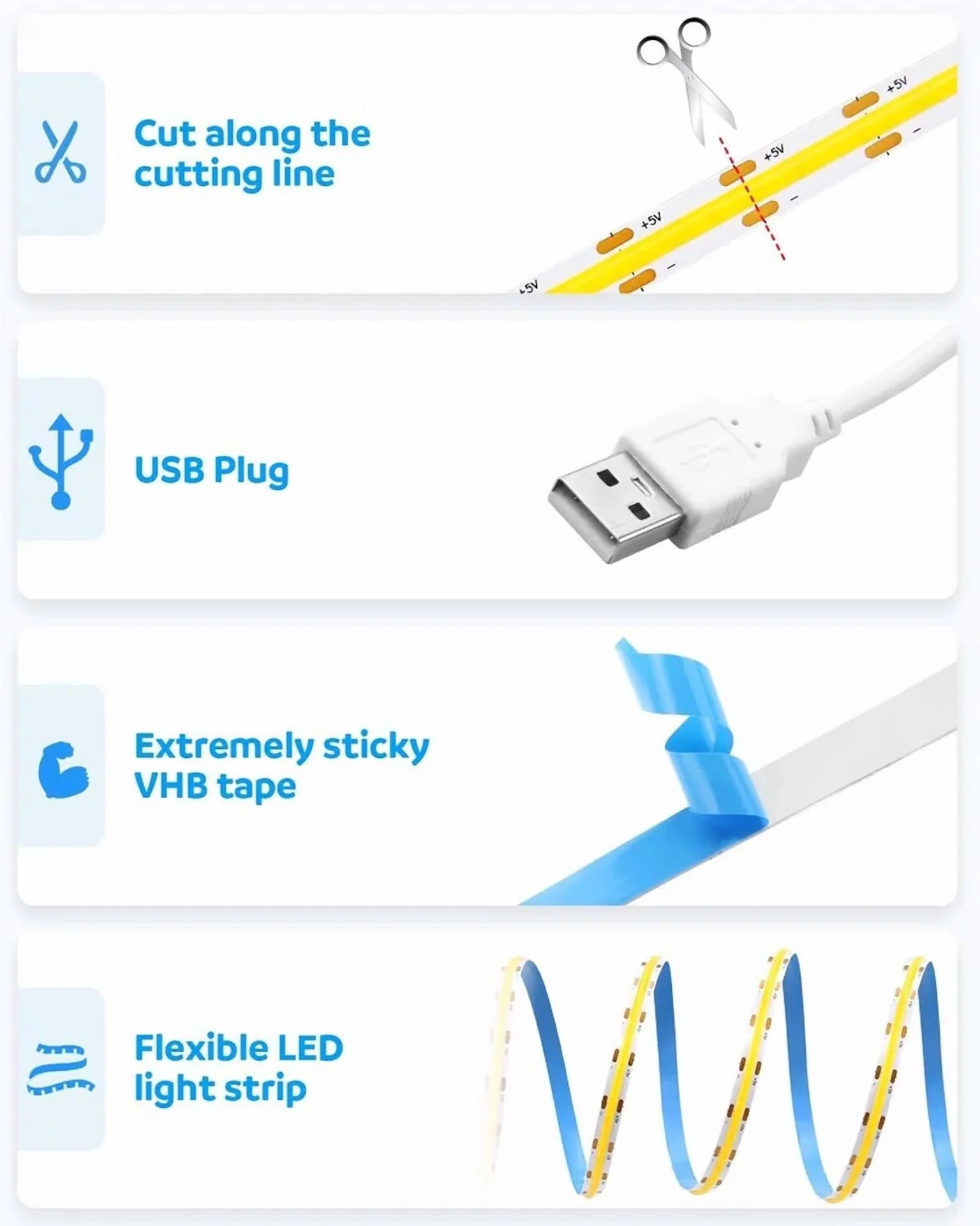 Led Lighting Modern with LED, Usb Cob Strip Light, 5V 6000K Daylight - White for Kitchen Model 05CB2A