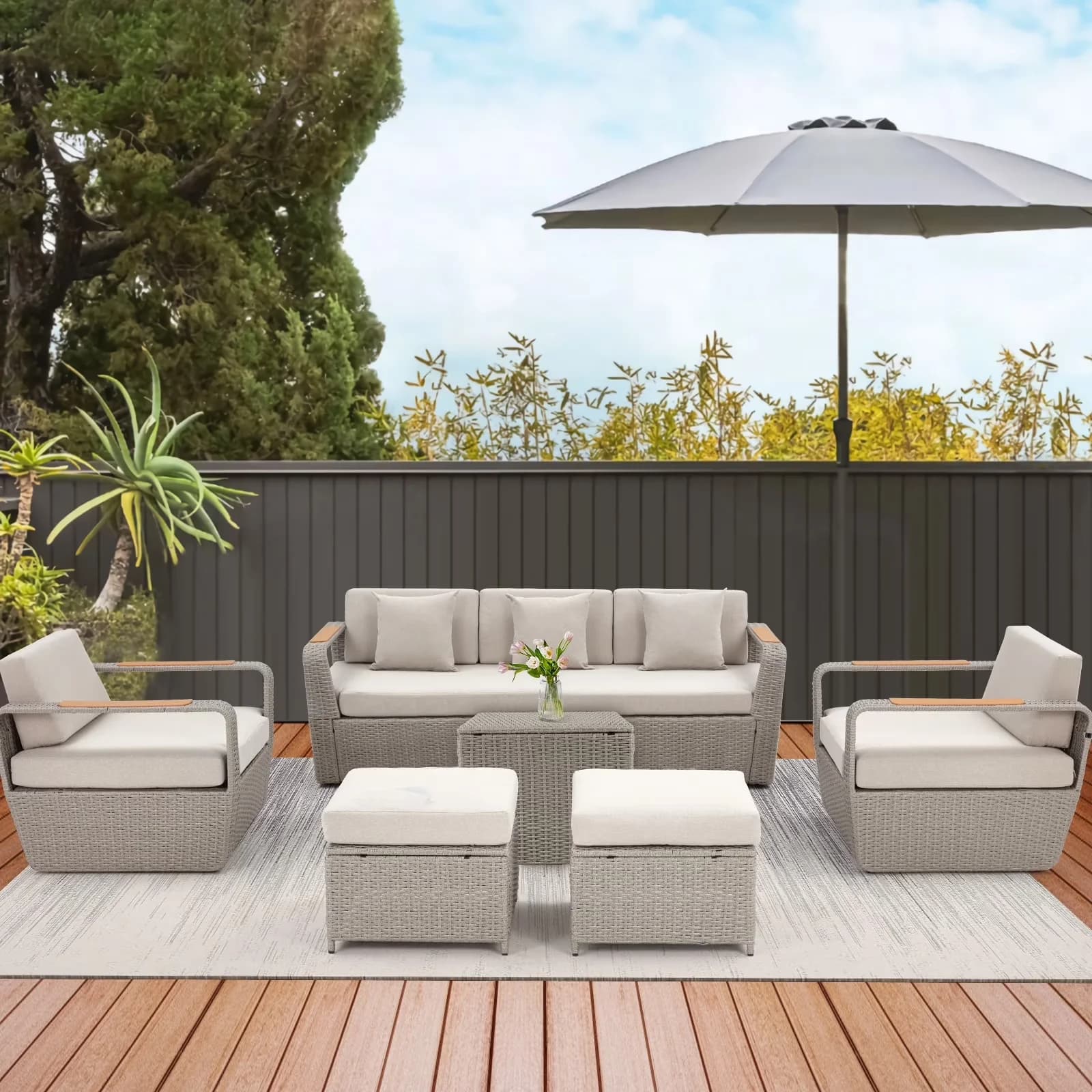 Stylish Patio Conversation Set with Light Gray, 6-Piece Rattan Outdoor Sectional Sofa, Coffee Table and Ottoman - Wicker Gray Model DC00F2