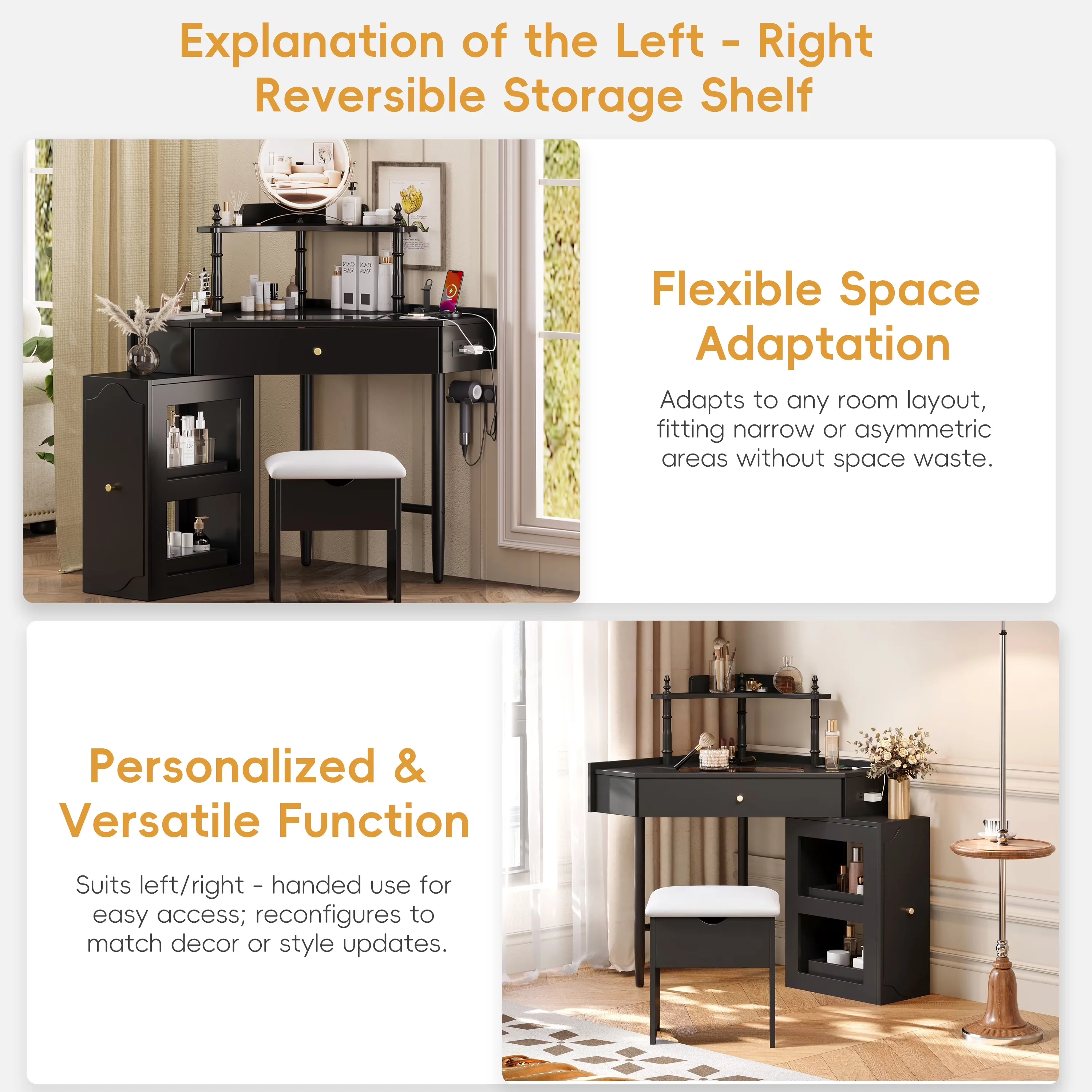 Bathroom Renovation Versatile with Usb Port, Modern, Triangle Makeup Desk - Black Model FAEE3E