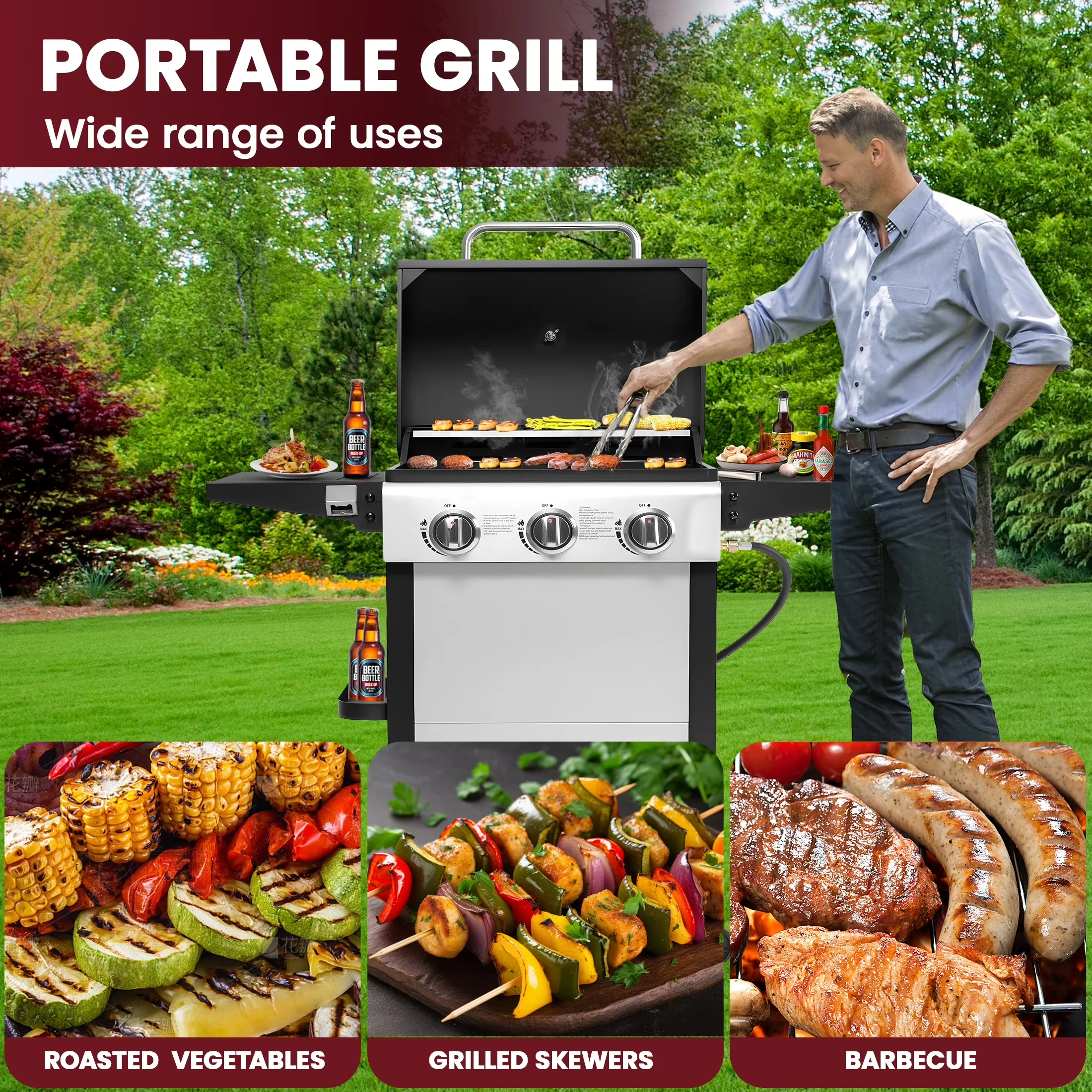 Gas Grill Versatile with 30000 BTU, Tool Holder - Stainless Steel for Outdoor Model 0128E9