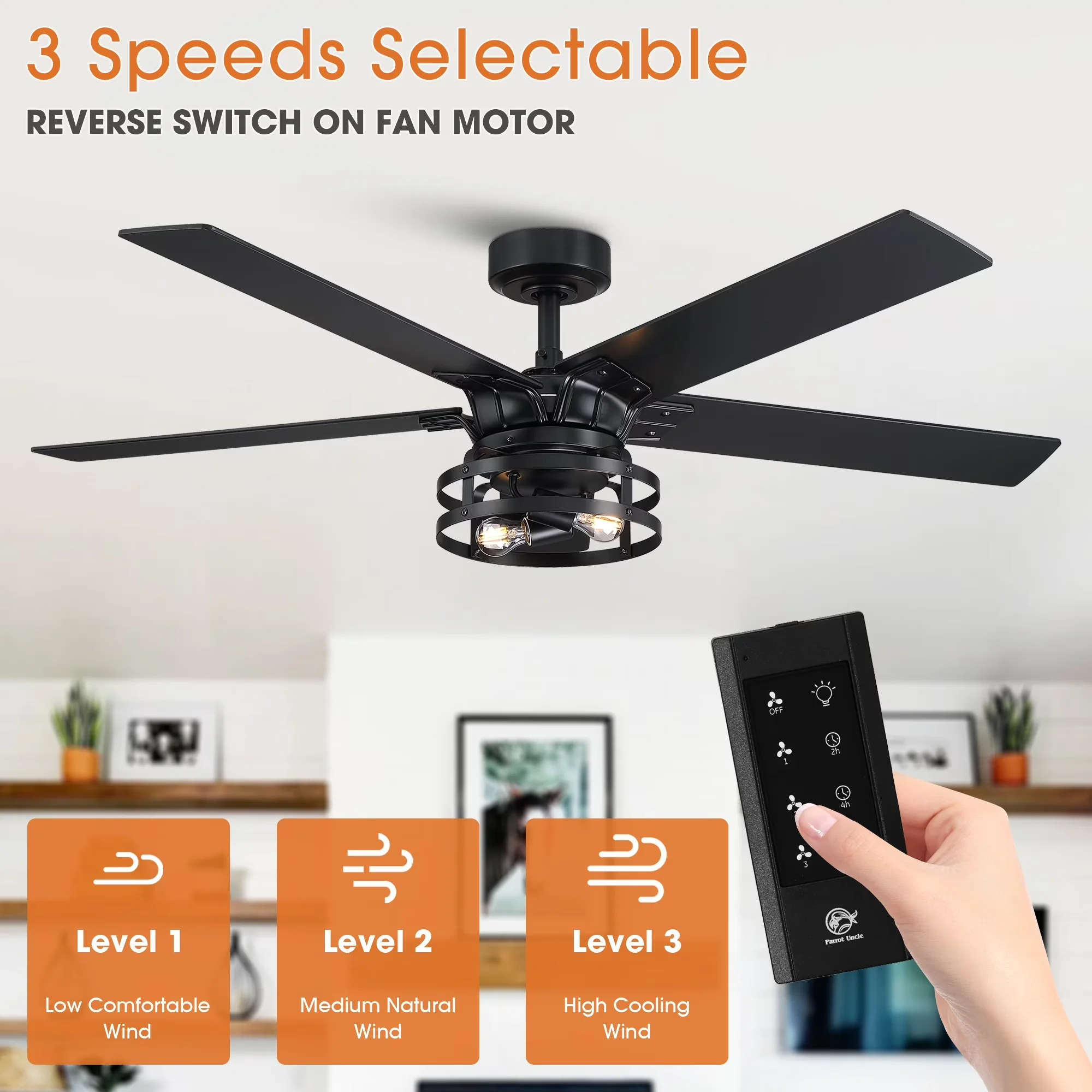 Ceiling Fan Quality with Incandescent, Energy Efficient, 52" Farmhouse Caged - Metal Black Model 875161