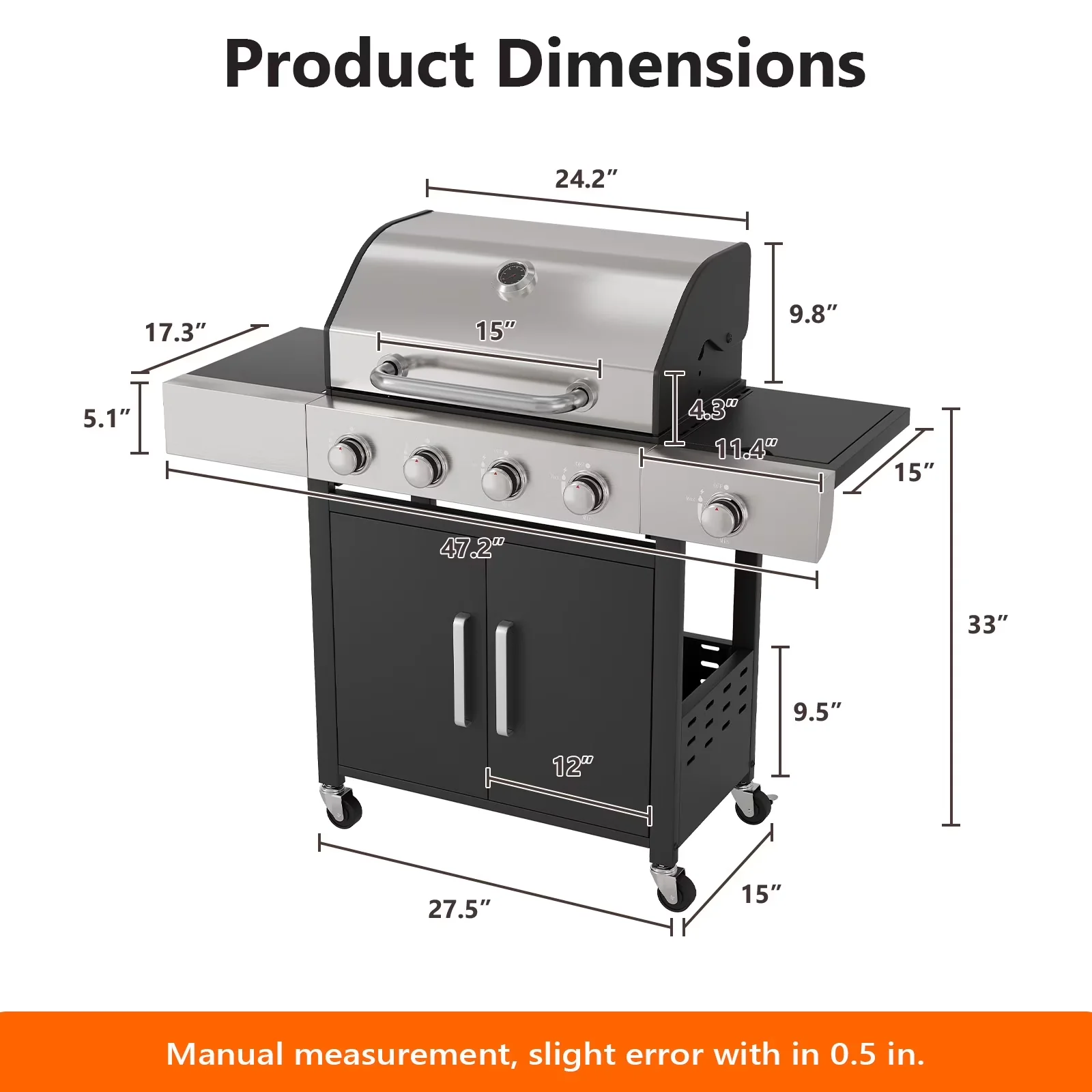 Gas Grill Innovative with Heat Thermometer, Side Burner Stainless Steel BBQ, Outdoor 4 Burner Propane - Stainless Steel Model 39D513