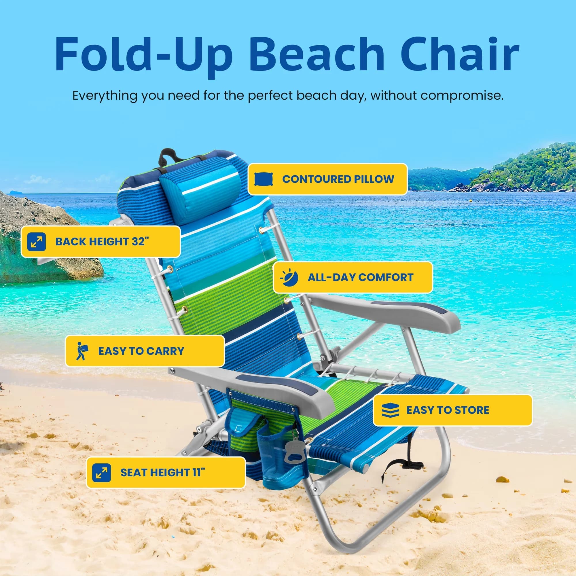 Efficient Beach Chair with Folding, Adjustable, Cooler+ Folding Backpack - Aluminum Blue Model A2D1AA