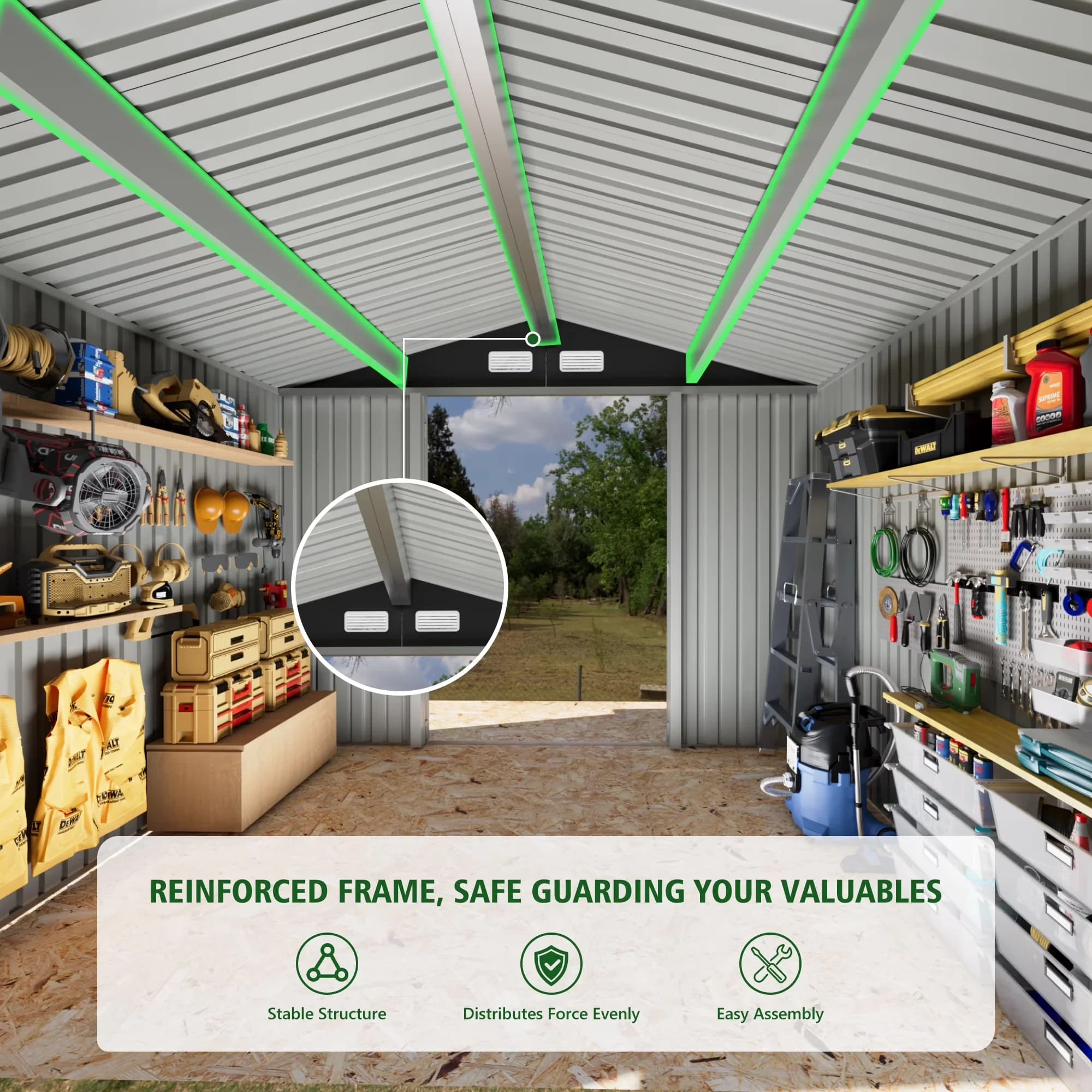 Versatile Shed with LED, Lockable Door, Led Light & Air Vents - Brown Metal Model 709D09