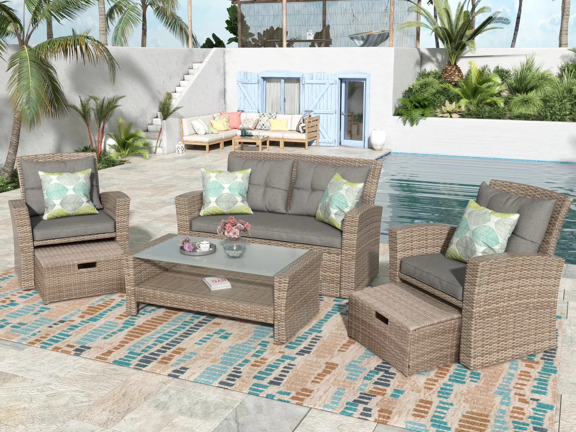 Essential Patio Conversation Set with All-Weather PE Rattan Sectional Sofa, Ottoman and Cushions - Gray Rattan for Garden Model 92D5A6