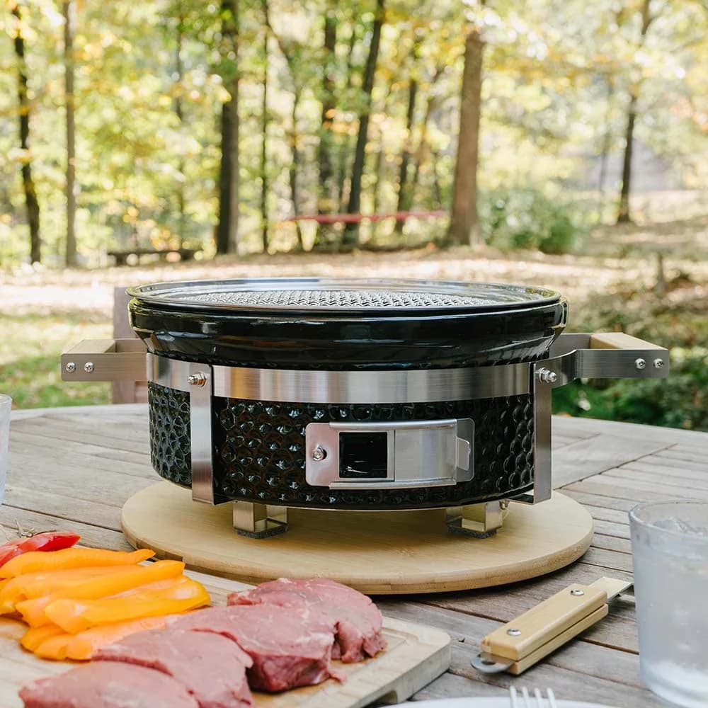 Innovative Flat Top Grill with Portable, Ceramic Charcoal - Ceramic,Stainless Steel,Bamboo Model 01E12C