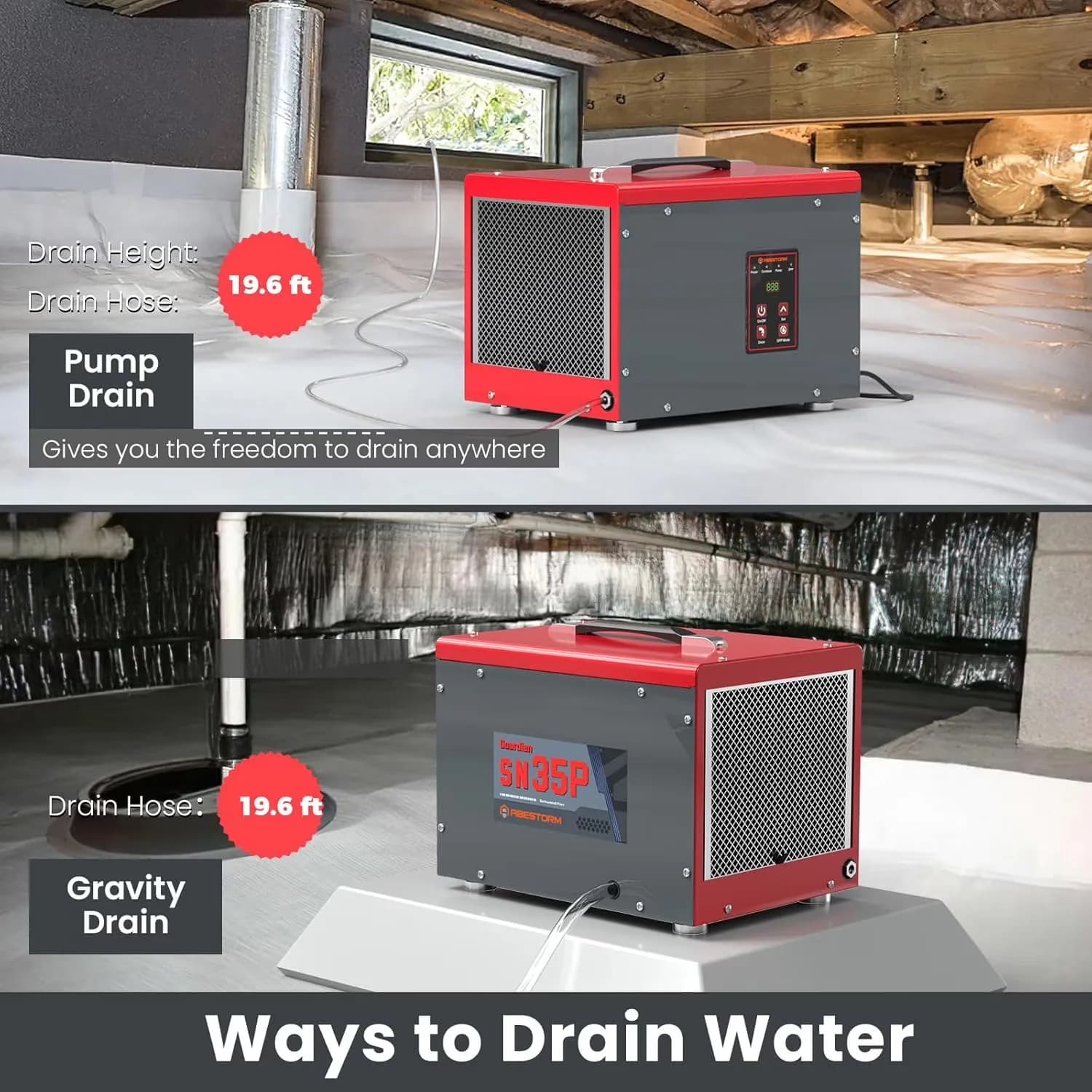 Dehumidifier Versatile with ①AHAM, (80°F, 60% RH)(Pints) :35 Pints, Memory Starting Crawlspace dehumidifiers - Red Model 54B46D