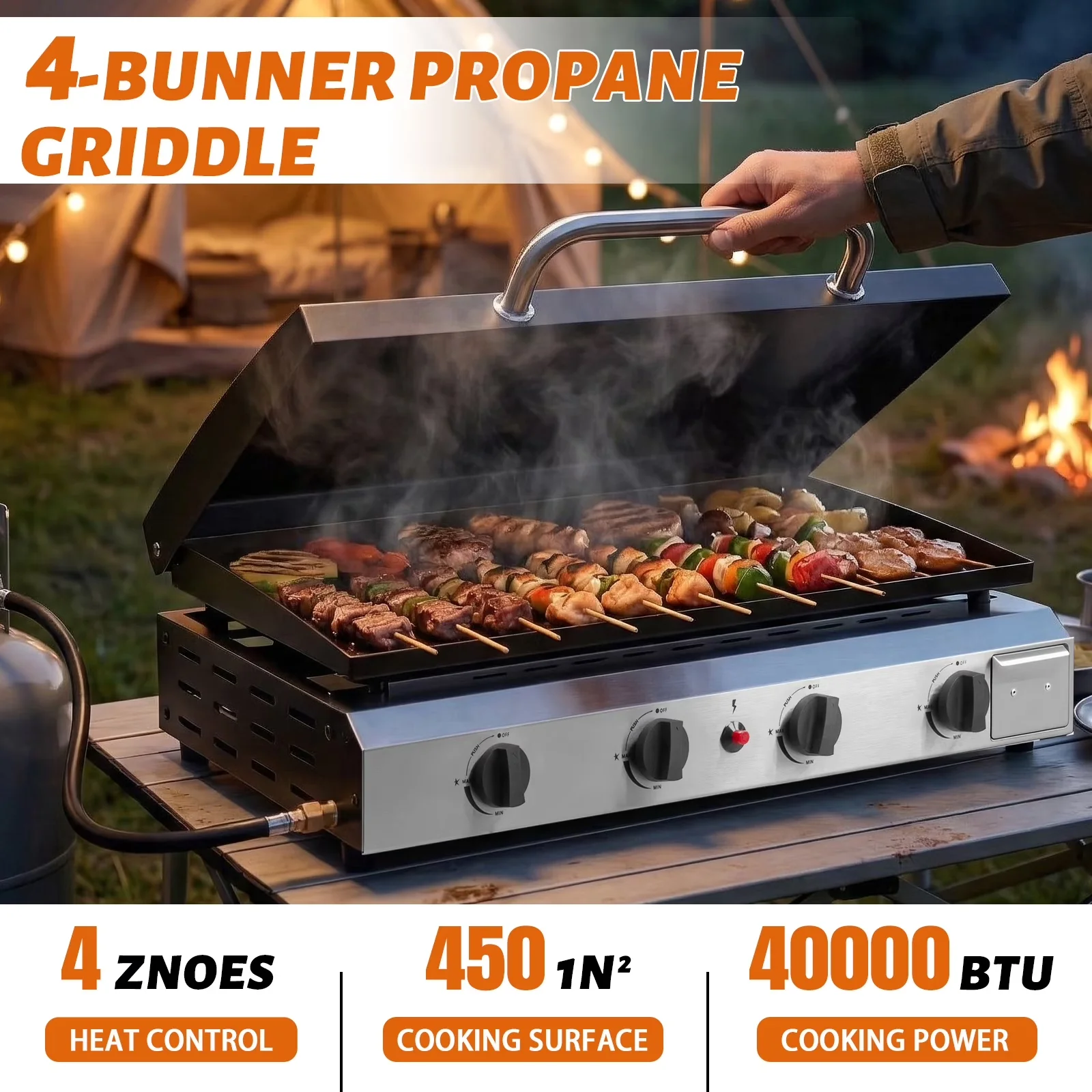 Gas Grill Compact with 40000 BTU, Portable, Lid - Cast Iron Burner - Satisfaction Guaranteed Model CC4B4B