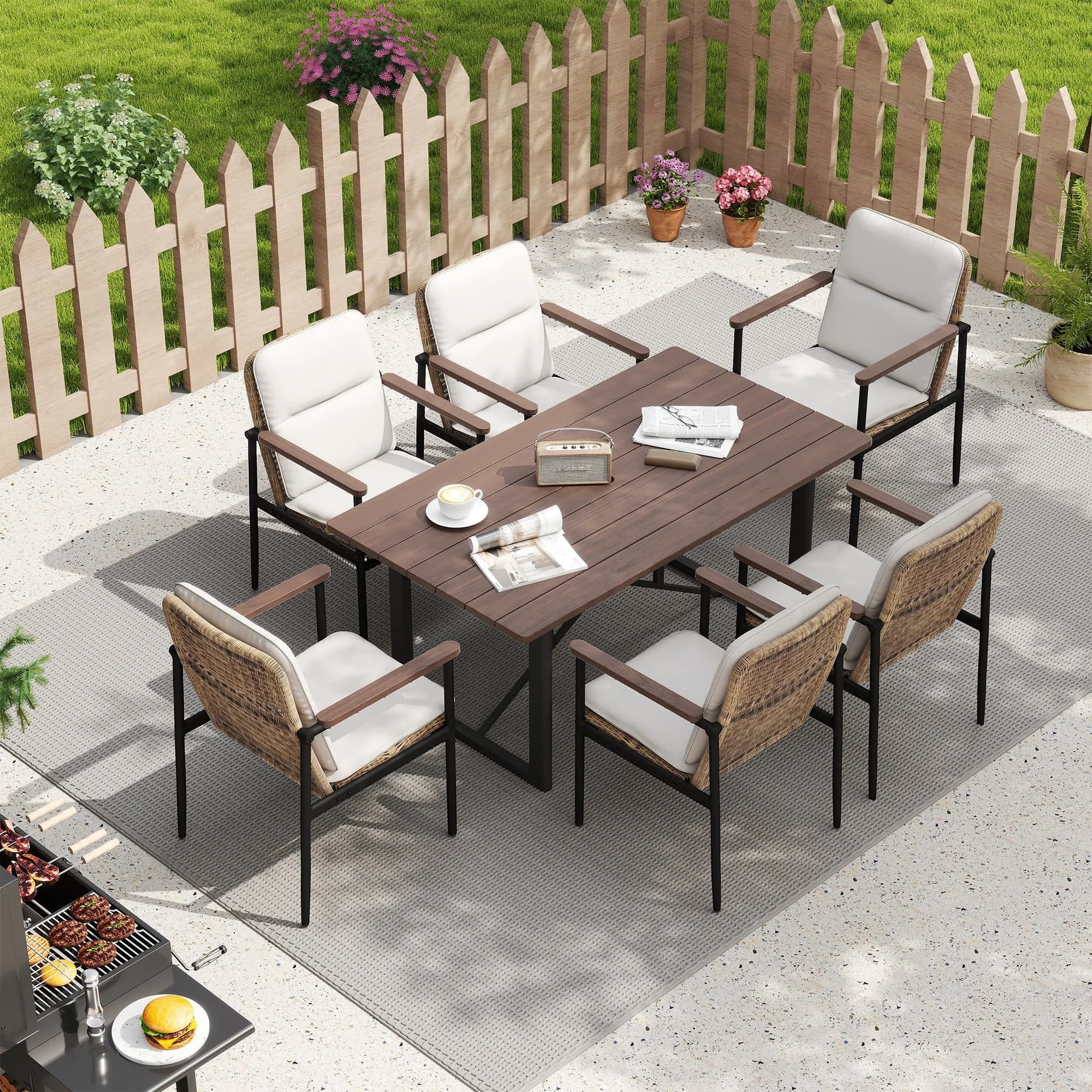 Professional Patio Dining Set with 7 Piece Outdoor, 6 Wicker Chairs, Aluminum Frame and Olefin Cushions - Brown Aluminum Pipe,... Model 4E384D