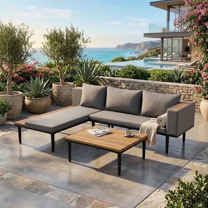 Outdoor Sofas Sectional Essential with Fade Resistant, Water-Resistant, Modern - Acacia Wood, Iron, Polyester Gray Model E5E96A