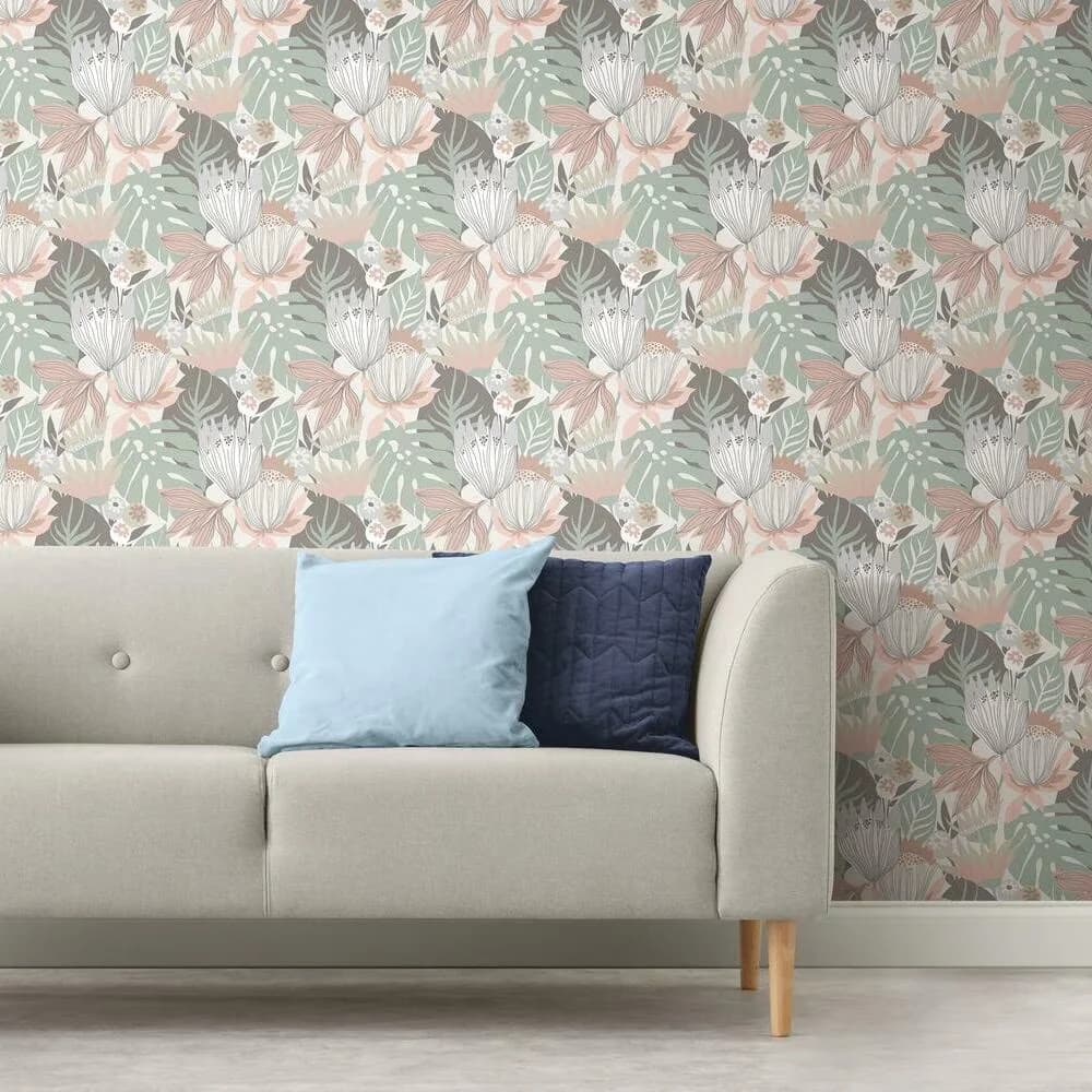 Efficient Wallpaper with Removable, Retro Tropical Leaves Peel and Stick, 100% removable peel and stick wallpaper - Vinyl Pink Model 894698