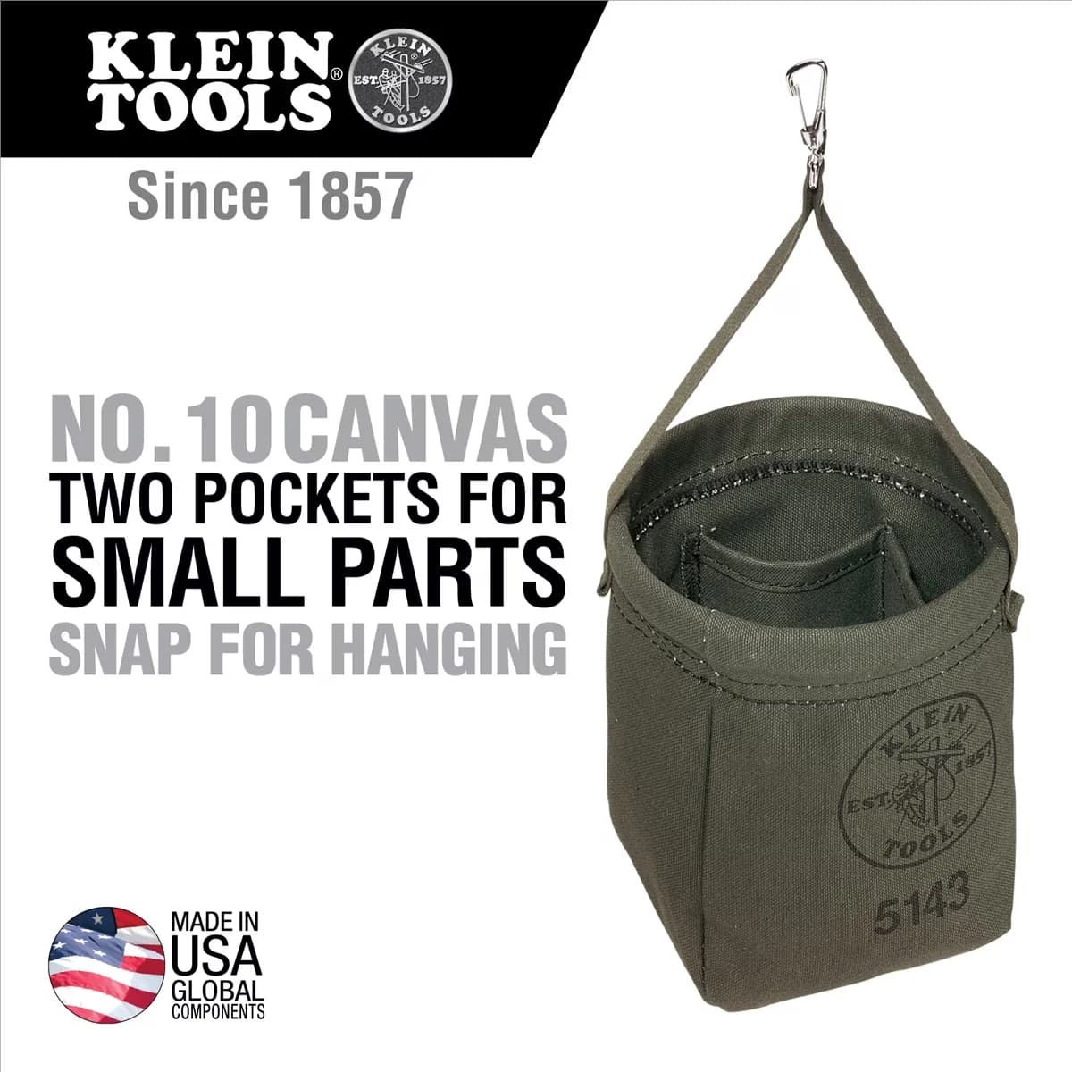 Sleek Pro Tool with 5143 Canvas Tapered-Bottom Bag, No. 10 canvas., Equipped with a snap for hanging. - Black Model D10317