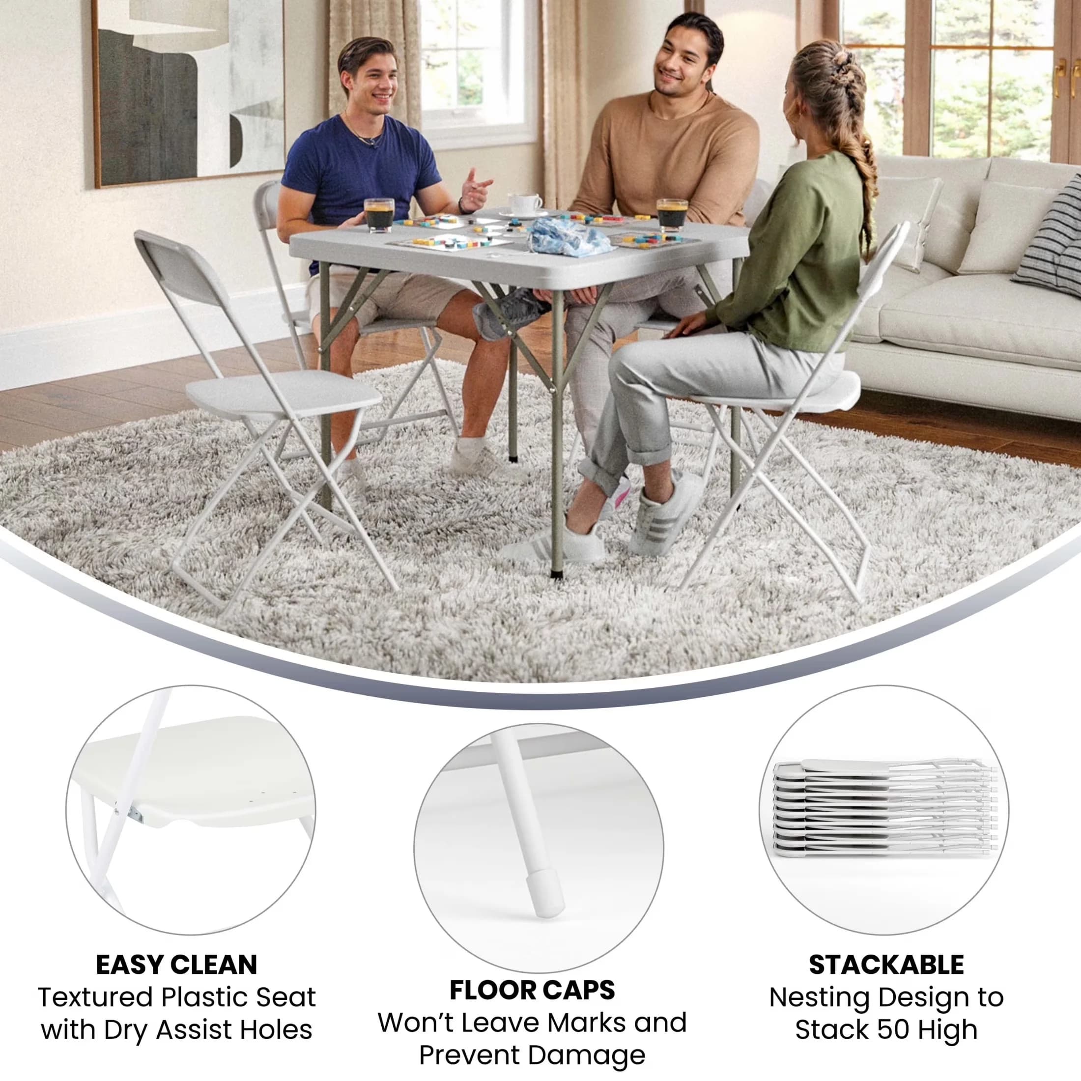 Professional Patio Chair with Storage, Hercules Series Plastic Folding White, Textured Seat for secure seating - White Model E4F5D6