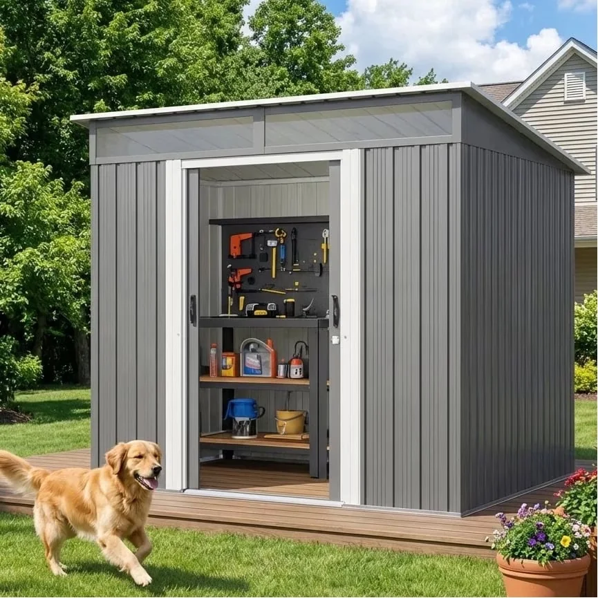 Versatile Shed with Waterproof, Sliding Doors & Windows, Storage - Black Metal Model 4BD6D6