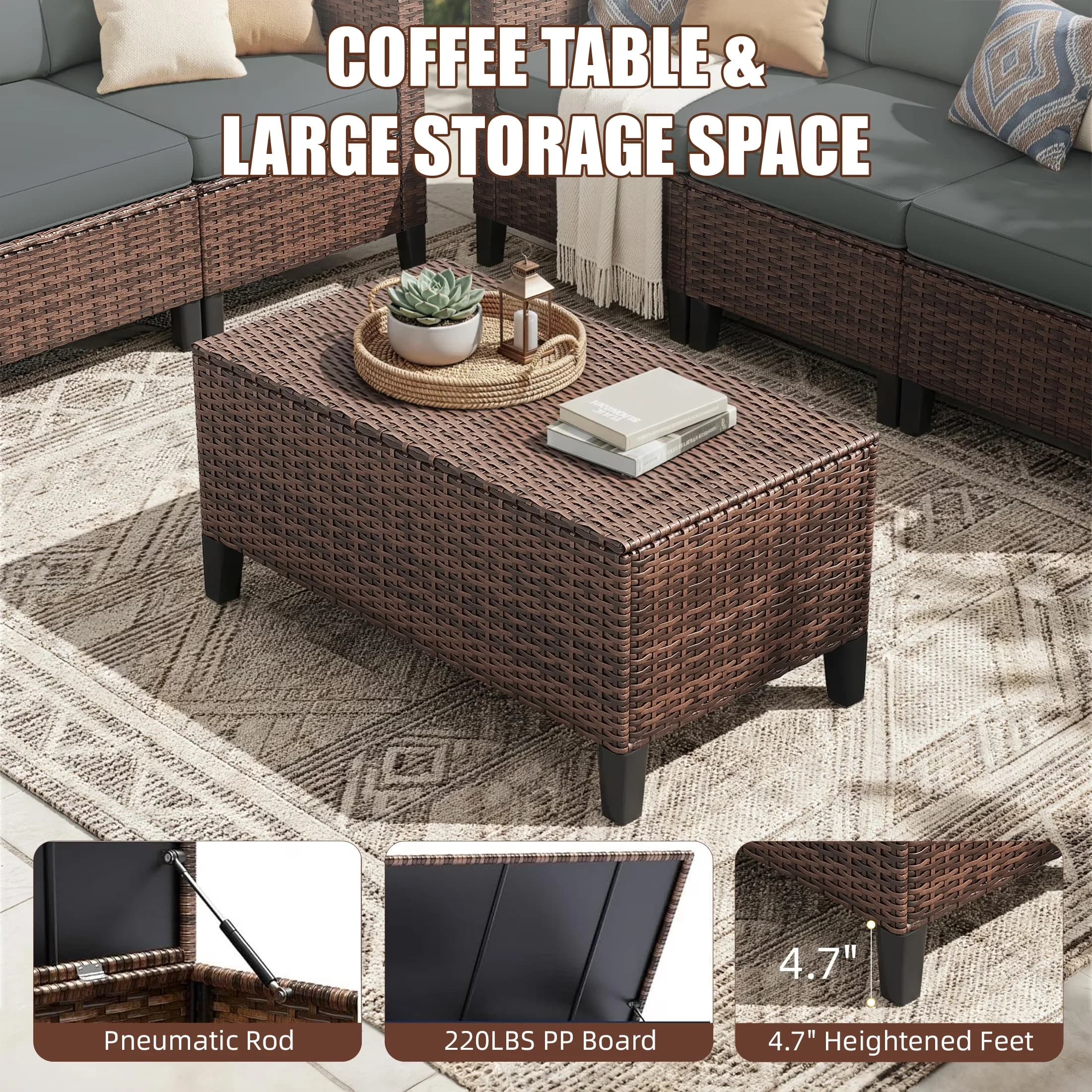 Premium Outdoor Sofas Sectional with Storage, Patio Furniture Set - Rattan Gray Model 003875