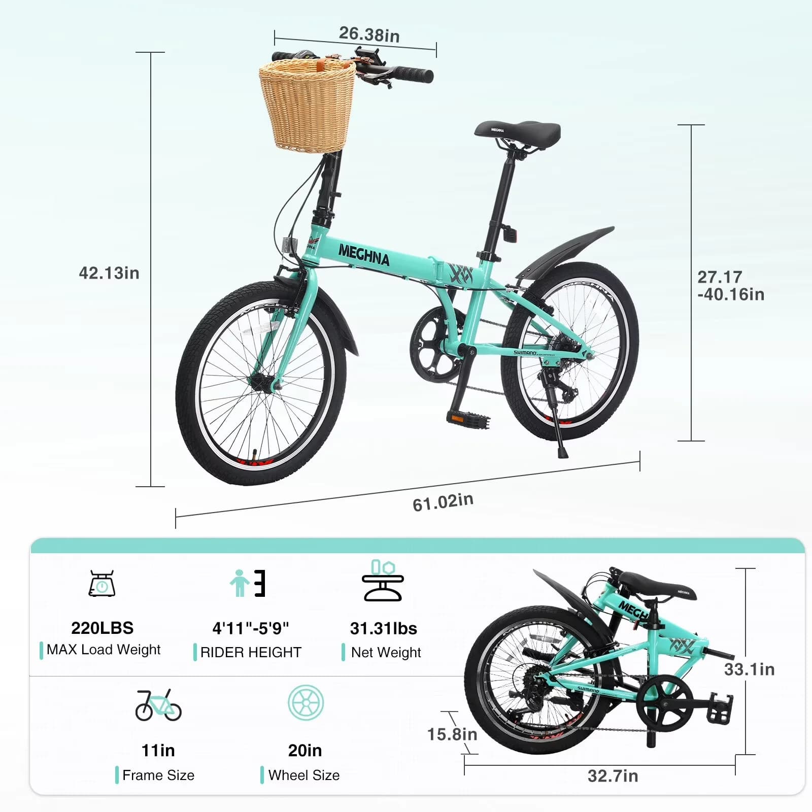 Durable Mountain Bike with Compact, Foldable, Bikes 20 Inch Folding - Green#7 Model 895523