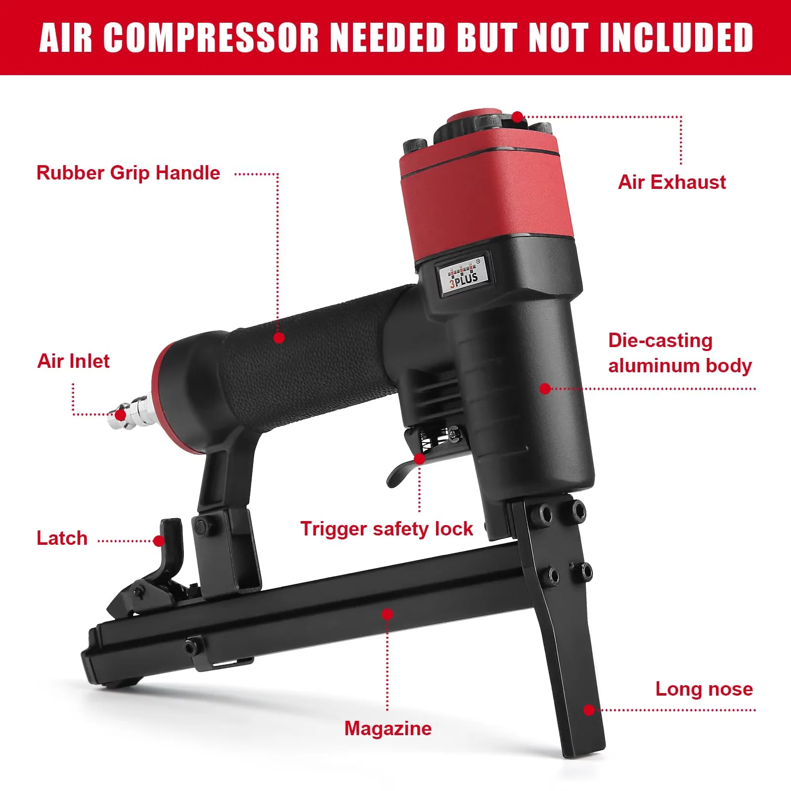 Air Tools Compressor Durable with Adjustable, Pneumatic Upholstery Stapler, Long Nose - Red Model 3F9DD5