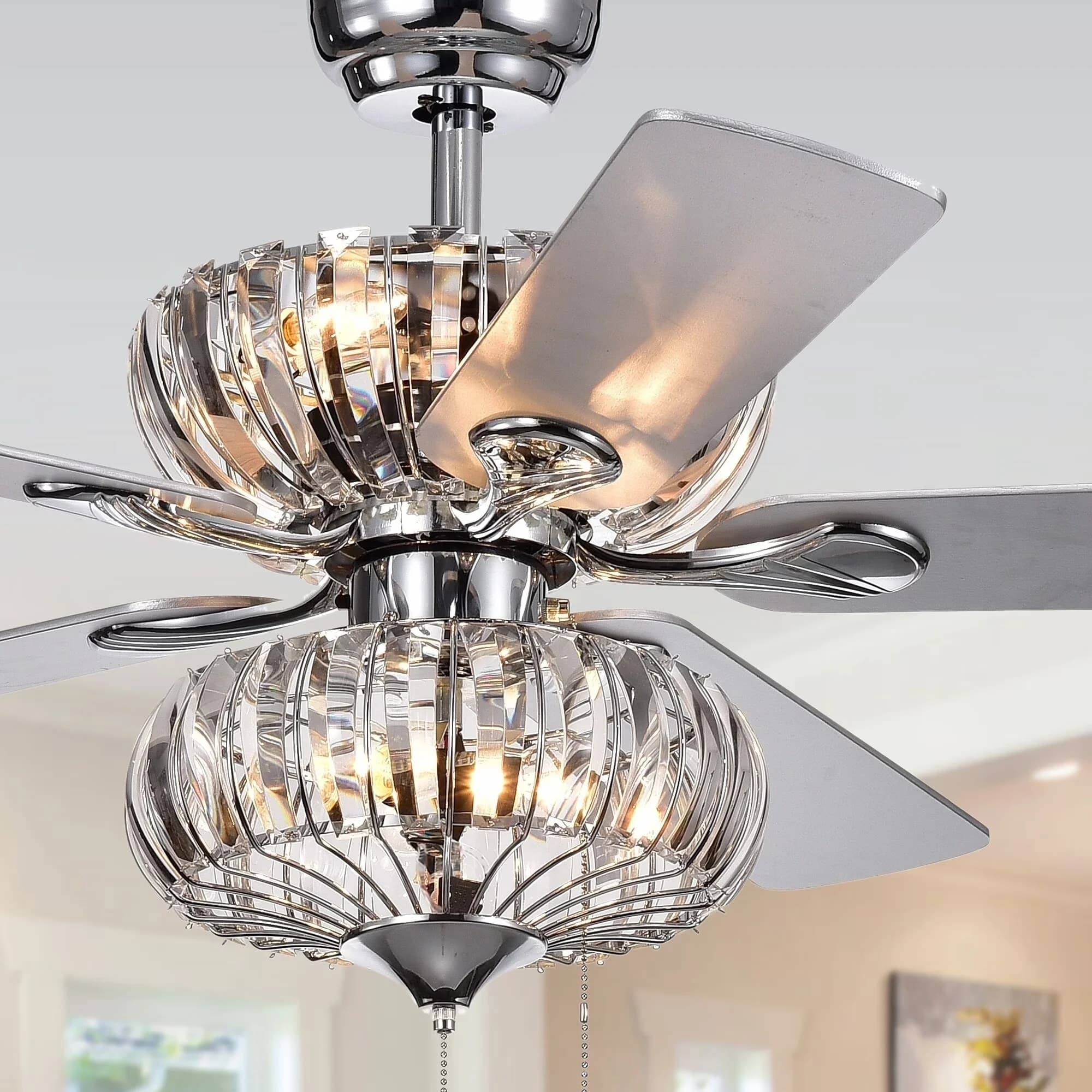 Sleek Ceiling Fan with Incandescent, Glam - Silver, Clear, Multicolor Crystal Model 9FB2E6