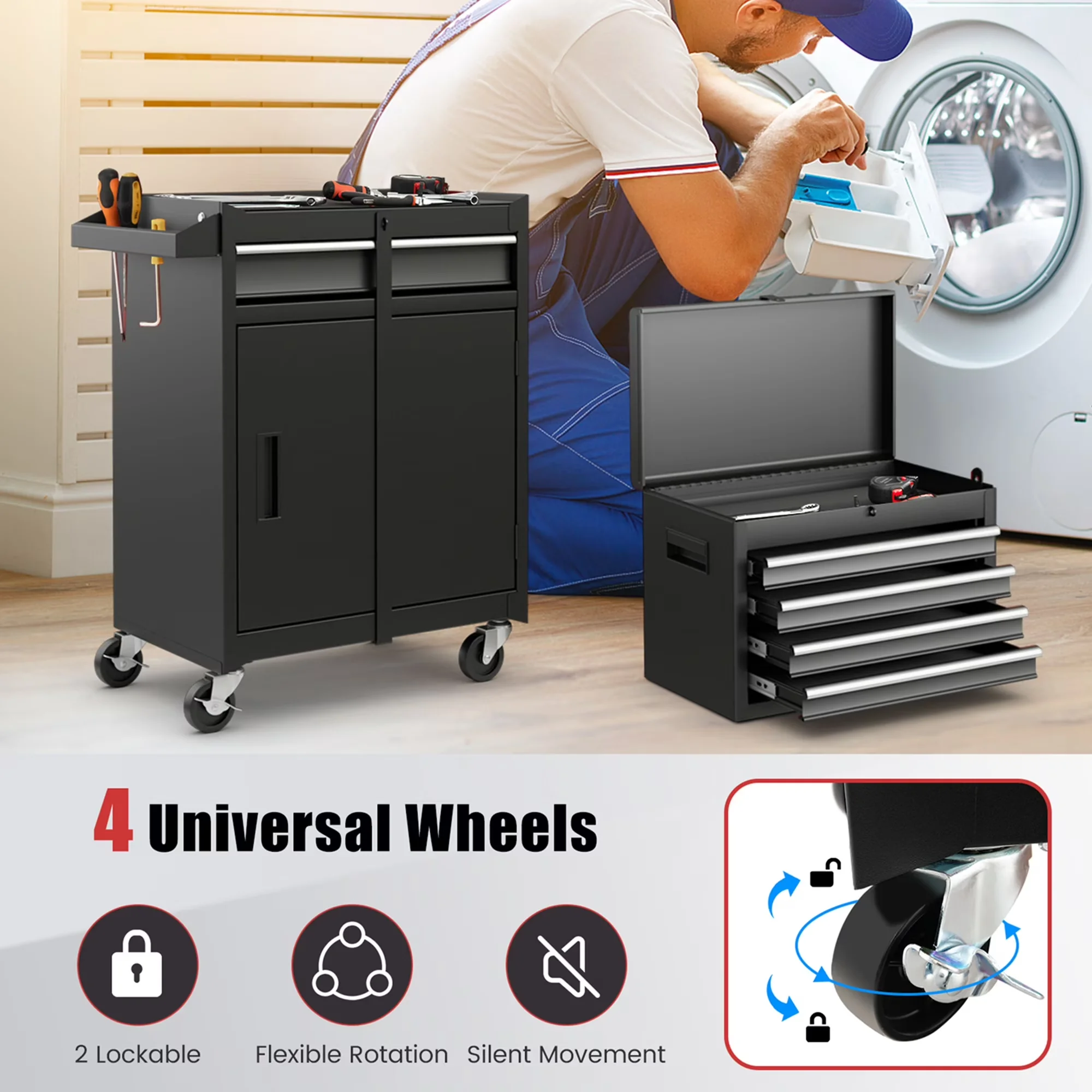 Stylish Toolstorage with Lockable, Wheels Black - Metal Black Drawer - Built to Last Model 259302
