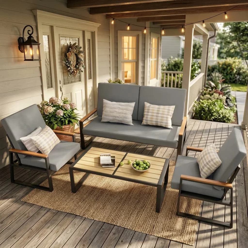 Durable Patio Conversation Set with Weatherproof, Reclining, All-Weather Outdoor - Gray Wpc, High-Density Sponge, Pu-Coated, Wood,... Model E11954