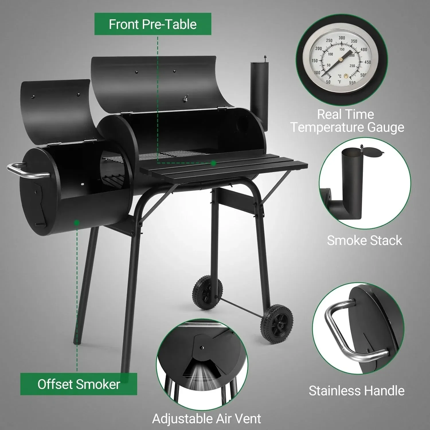 Essential Combo Grill with Offset Fire Box, Temperature Control & Portable Wheels - Metal Black Model 9CA247