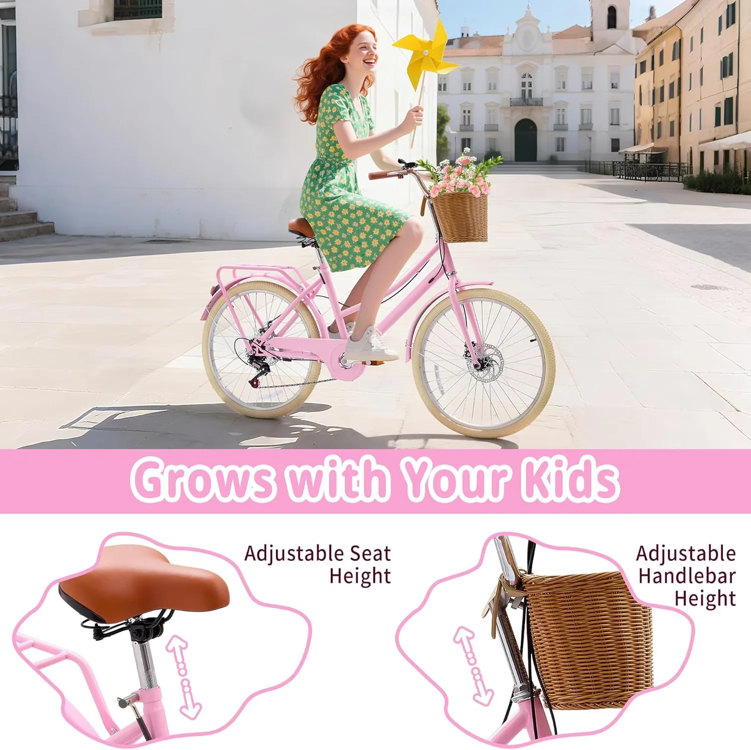 Classic Cruiser Bike with Adjustable Speed, Adjustable Height, Kids - Pink Model F8064E