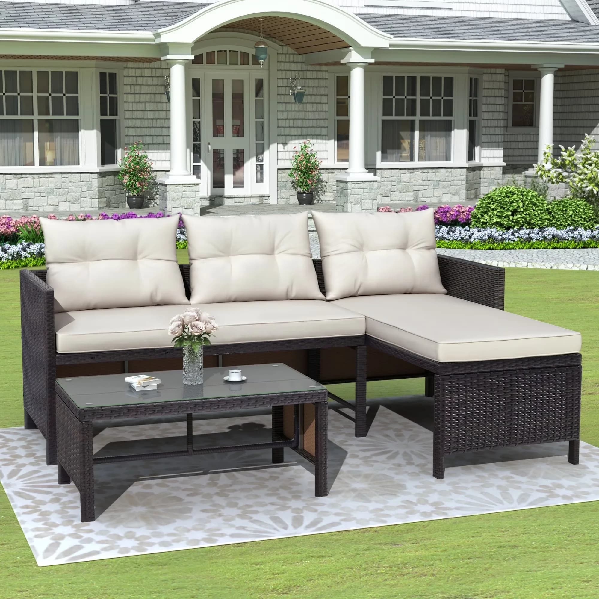 Versatile Patio Conversation Set with Two-Seater Sofa, 【Sectional & Separable Design】, Lounge Sofa - Beige Cushion Pe Rattan,Steel,... Model 48D48C