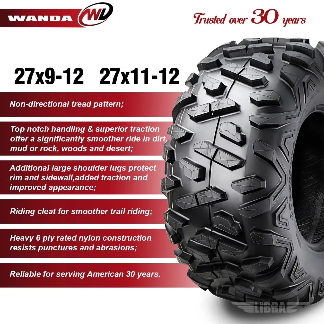 Reliable Atv Tire with Replacement, Puncture Resistant, Tire Size: 27x9-12 - Model 41DCFA