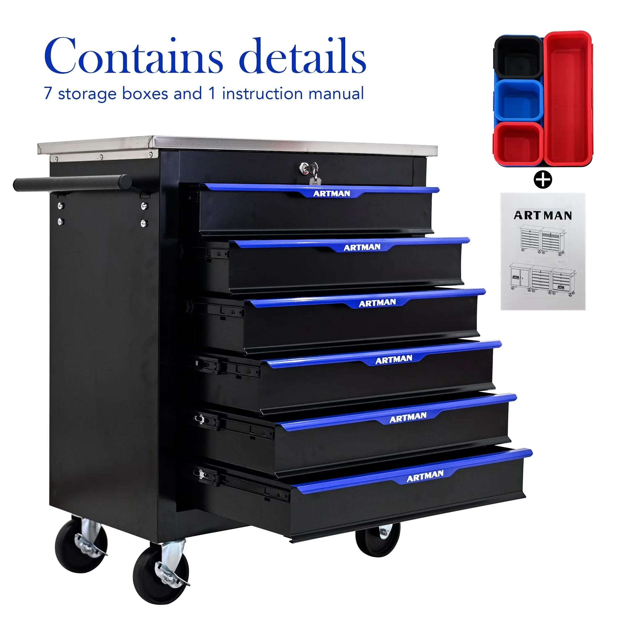 Essential Toolstorage with Rolling, Storage, 6-Drawer Tool Storage Chest - Blue Steel Model 01A76C
