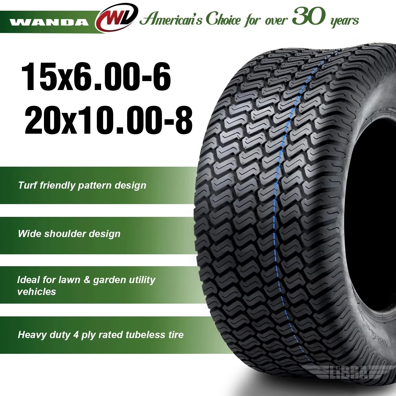 Lawn Mower Tire Reliable with Front and Rear 15" x 6", Load Range: B, 6 and 20" x 10" - Model 24BDDD