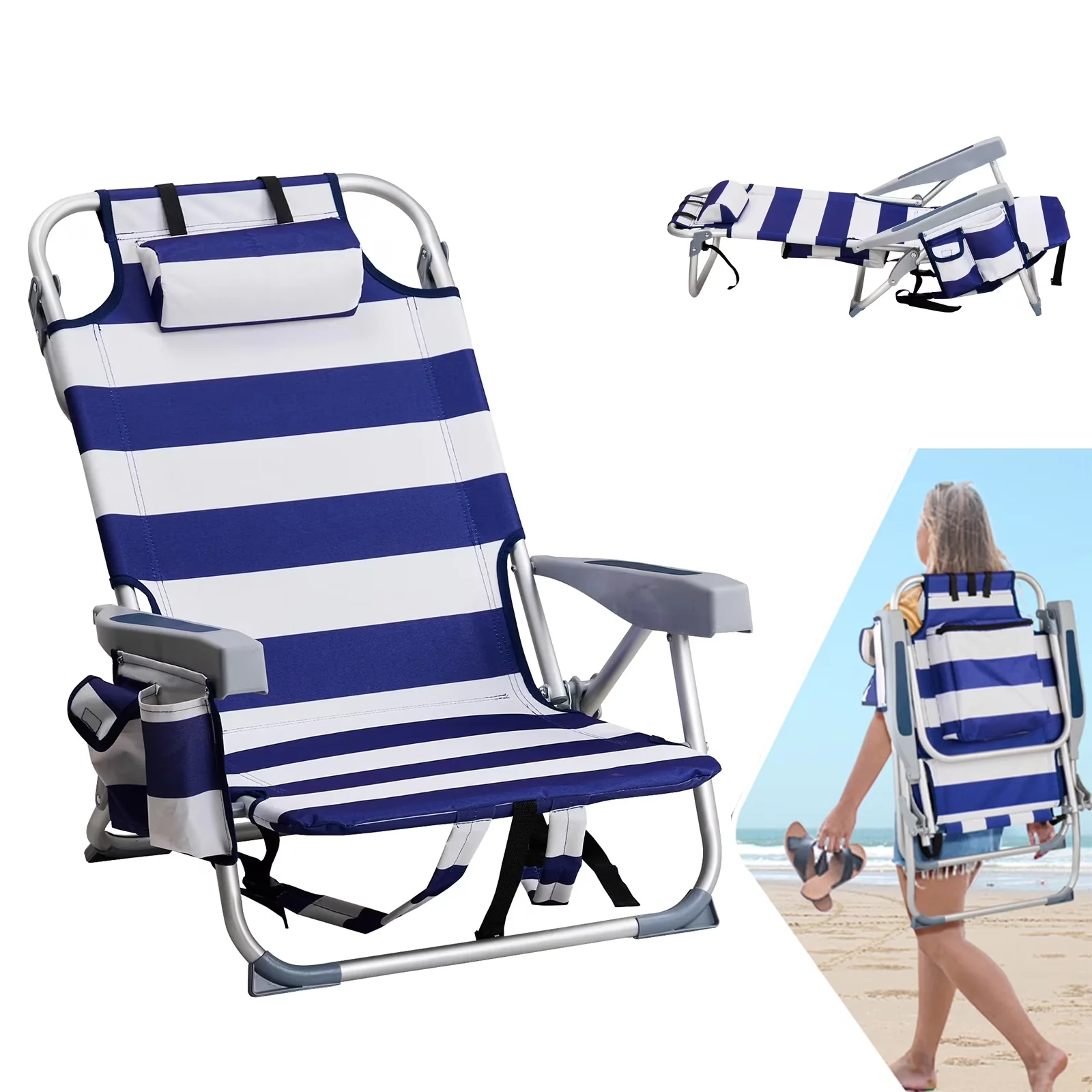 Quality Beach Chair with Folding, 5 Level Adjustable Positions, Back Storage Bag - Model A68CCF