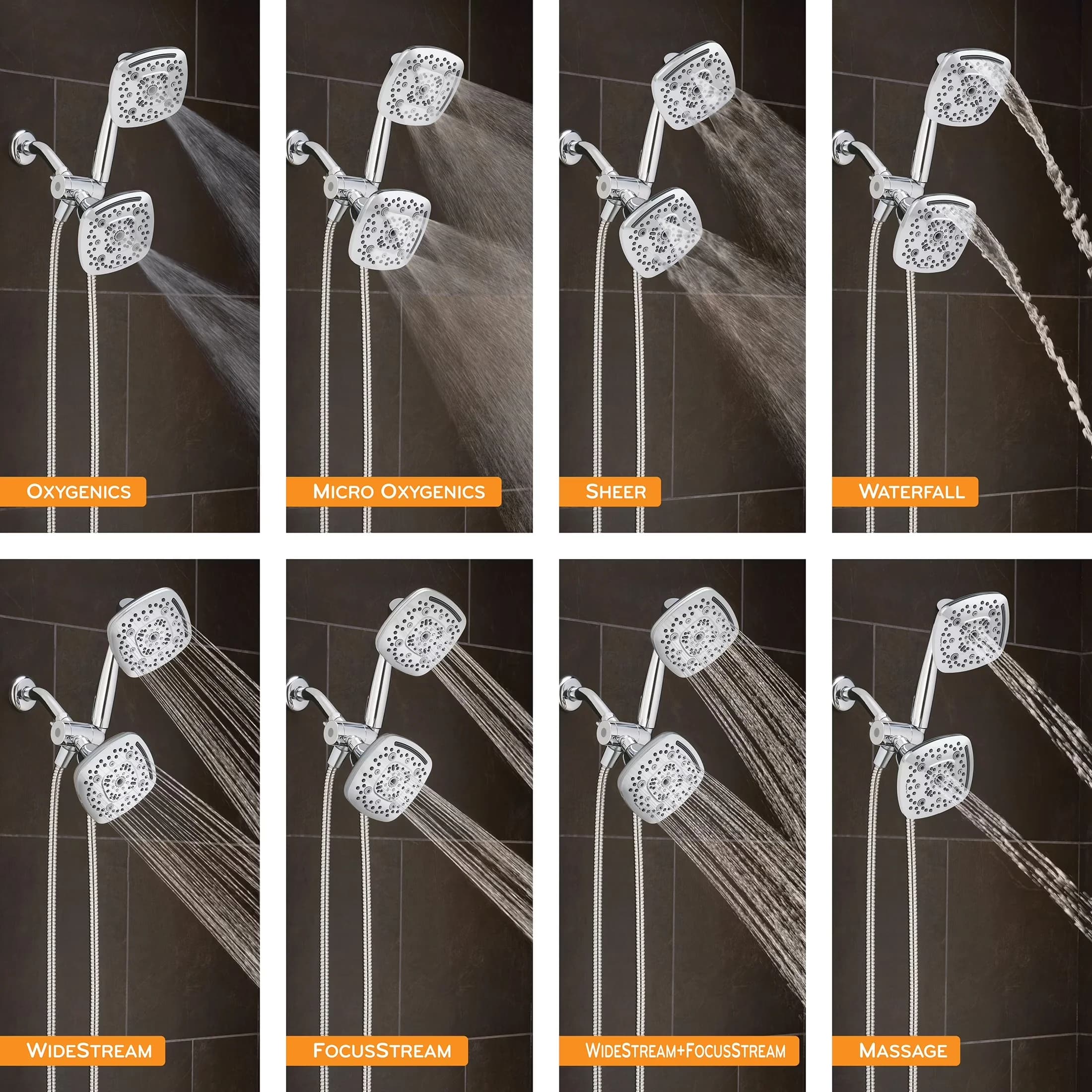 Shower Head Modern with High Pressure, Arc 80-Setting Chrome Combo - Abs Silver Model 8EC750