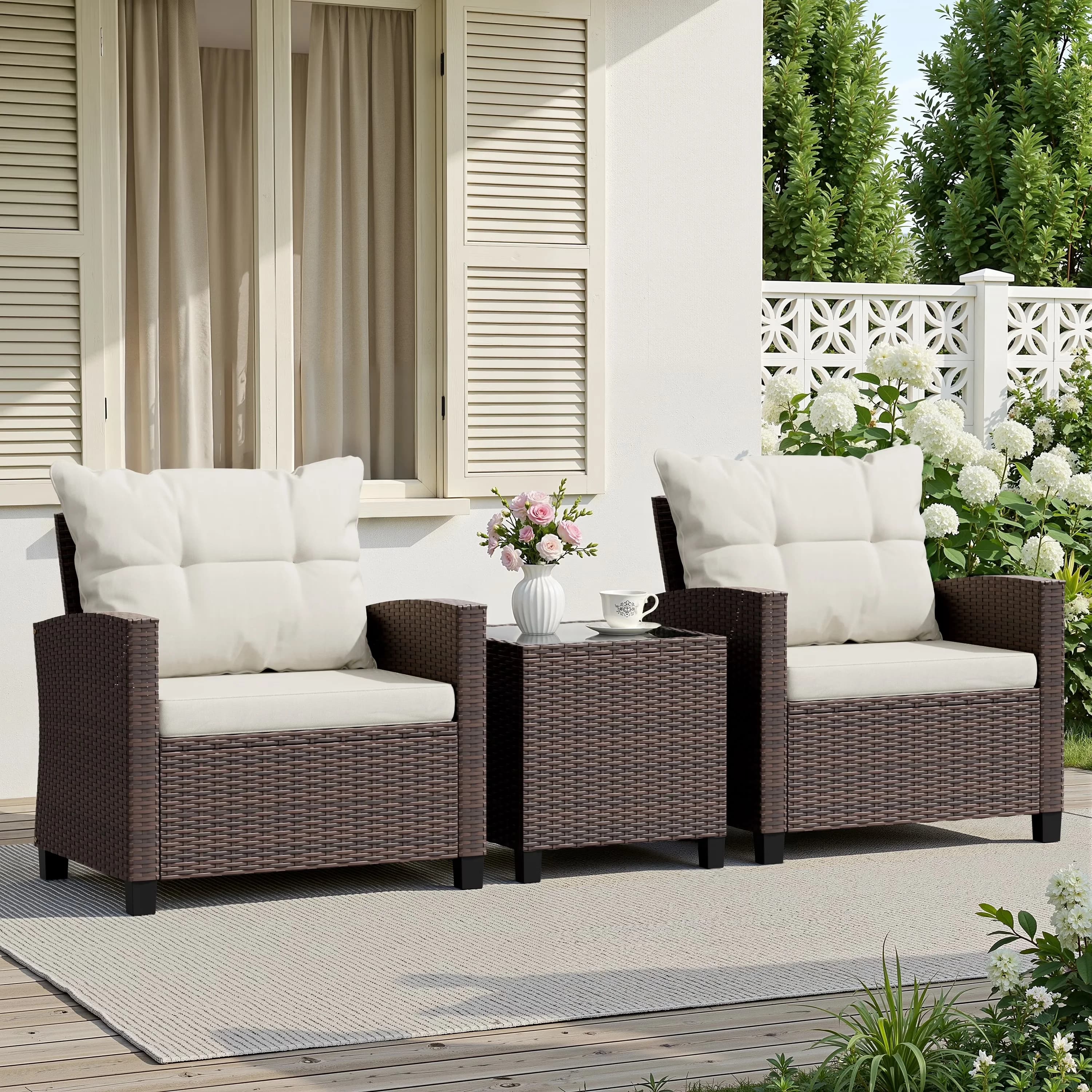 Durable Patio Dining Set with Removable Cushion Cover, Tempered Glass Table Beige - Beige Steel Model C1CF9F