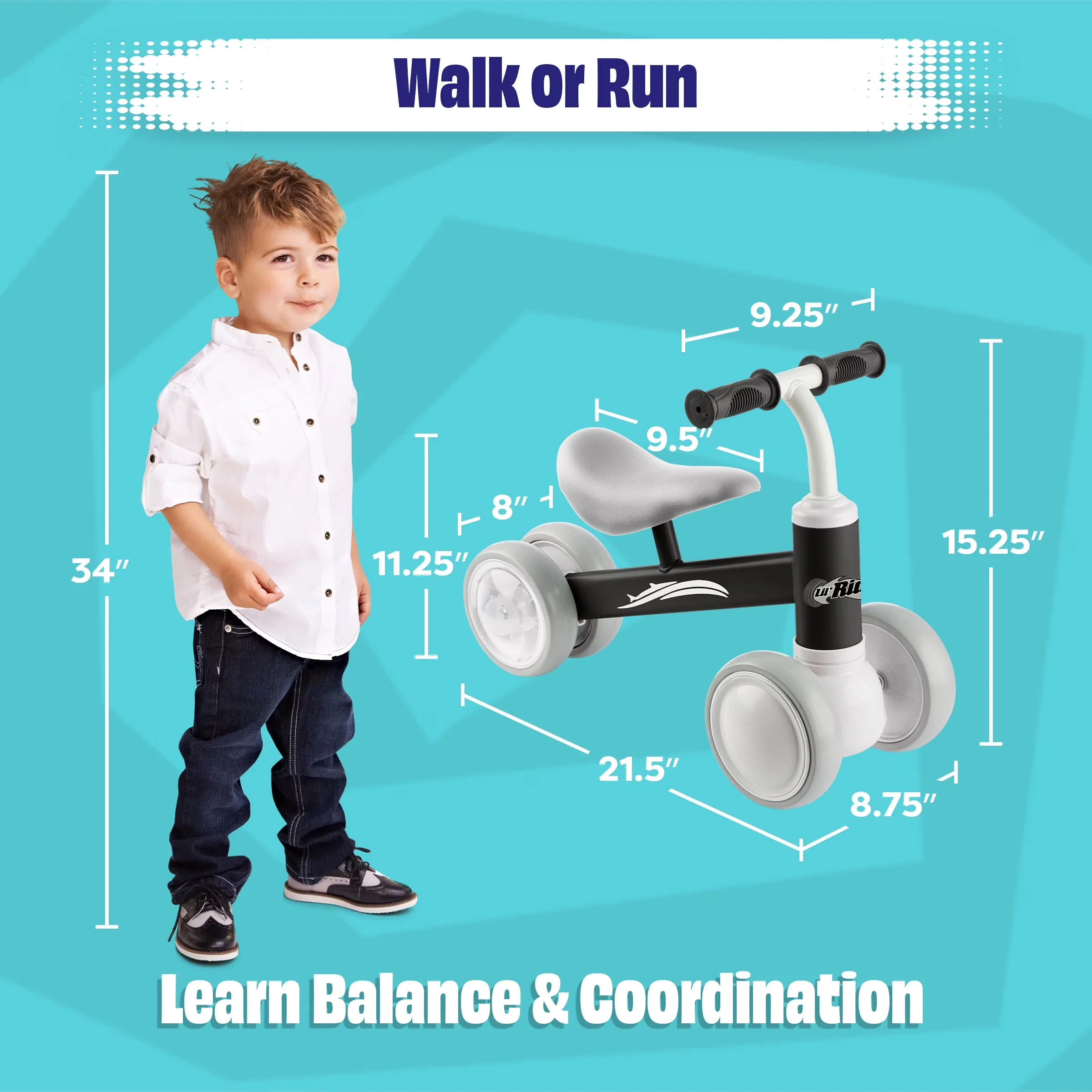 Sleek Kids Bike with 10-36 Month Toddler Balance, Light Up Baby Balance, No Pedals (Black) - White Model D984A3