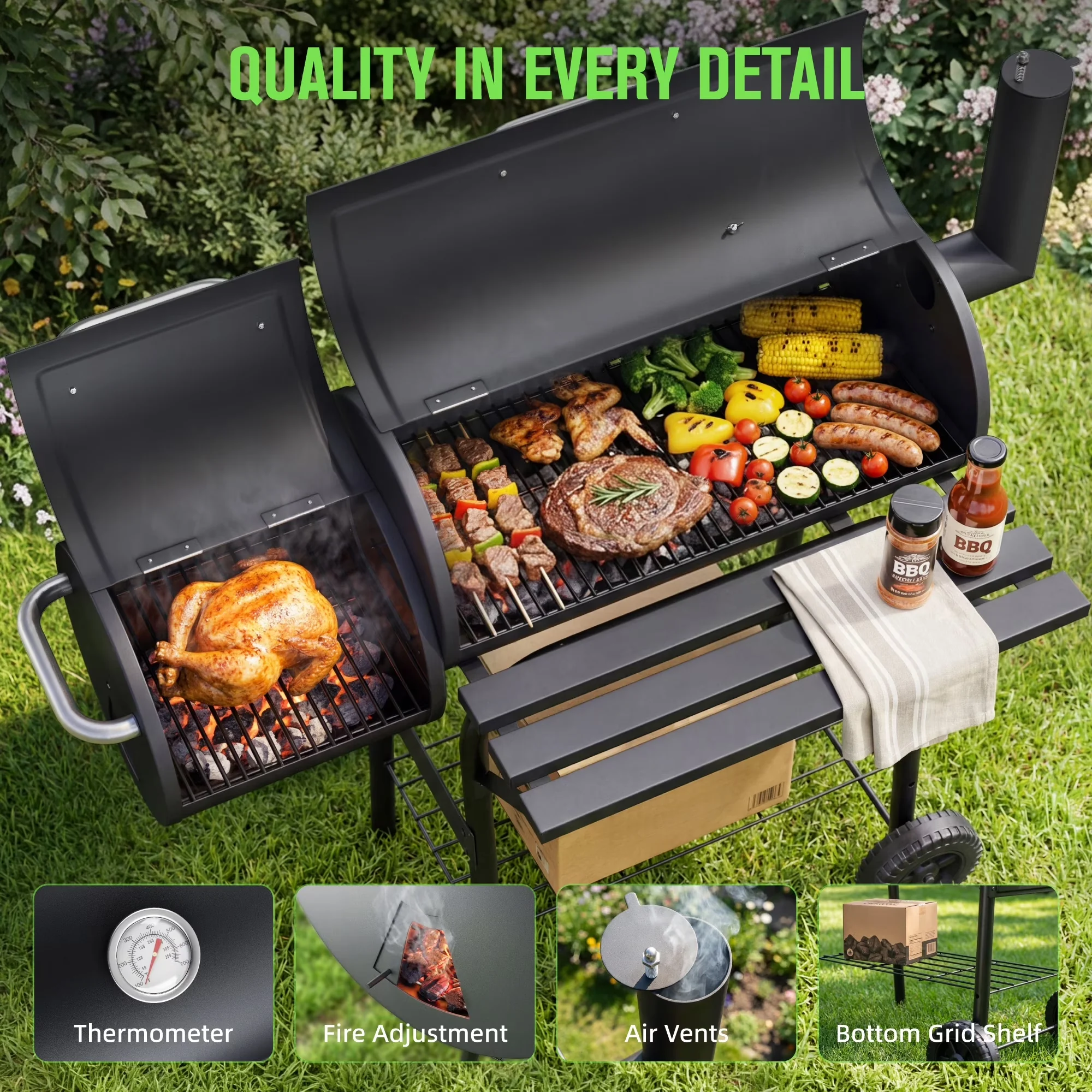 Durable Smoker with Storage Rack, Adjustable Air Vents, Offset Fire Box - Black Steel Model 44722B