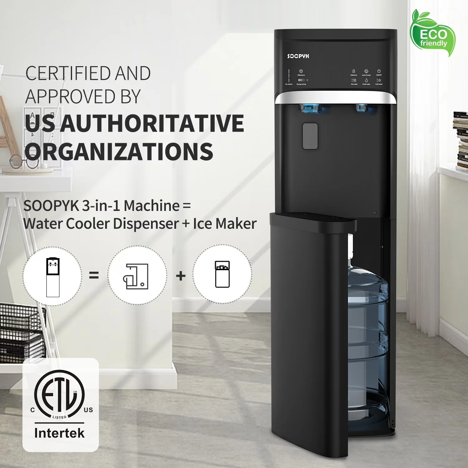 Water Filtration Premium with Child Safely Lock, Ice Maker Bottom Load, 3 in 1 Hot and Cold Dispenser - Plastic Black Model 5B36F9