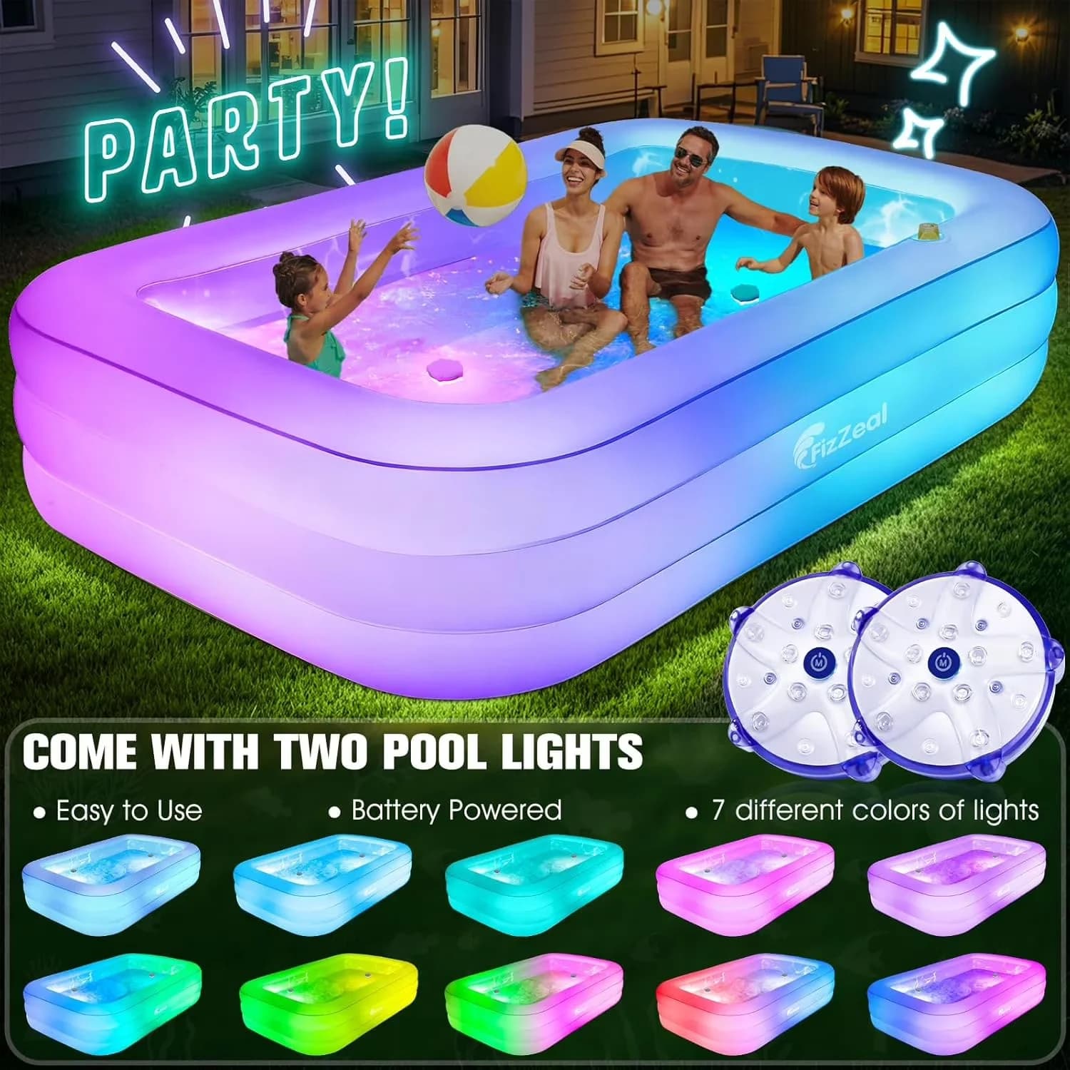 Inflatable Pool Stylish with Puncture Resistant, Seat and Lights - White Model EF4898