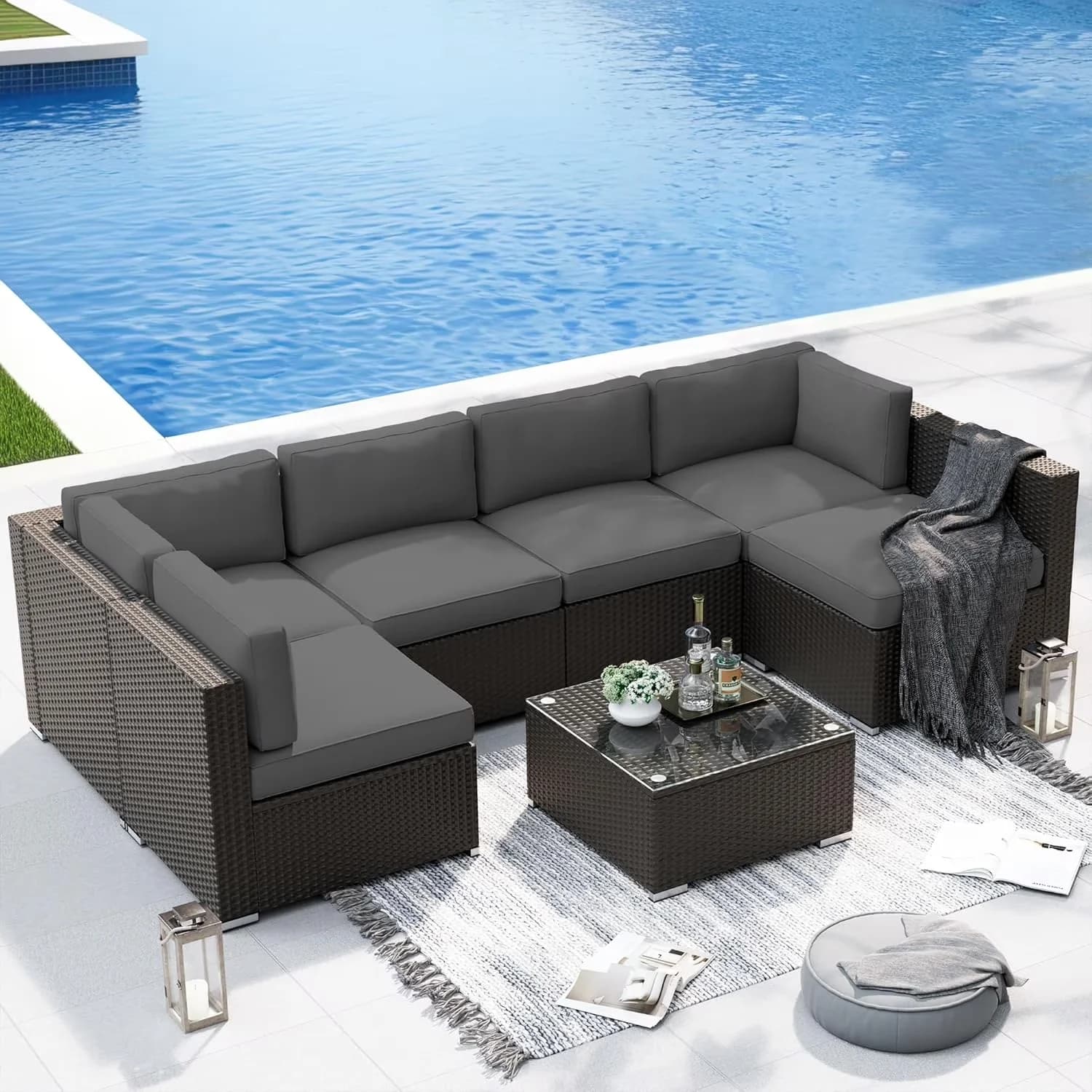 Sleek Outdoor Sofas Sectional with Reclining, Color Grey, Size Black Wicker - Rattan Model E13DF9