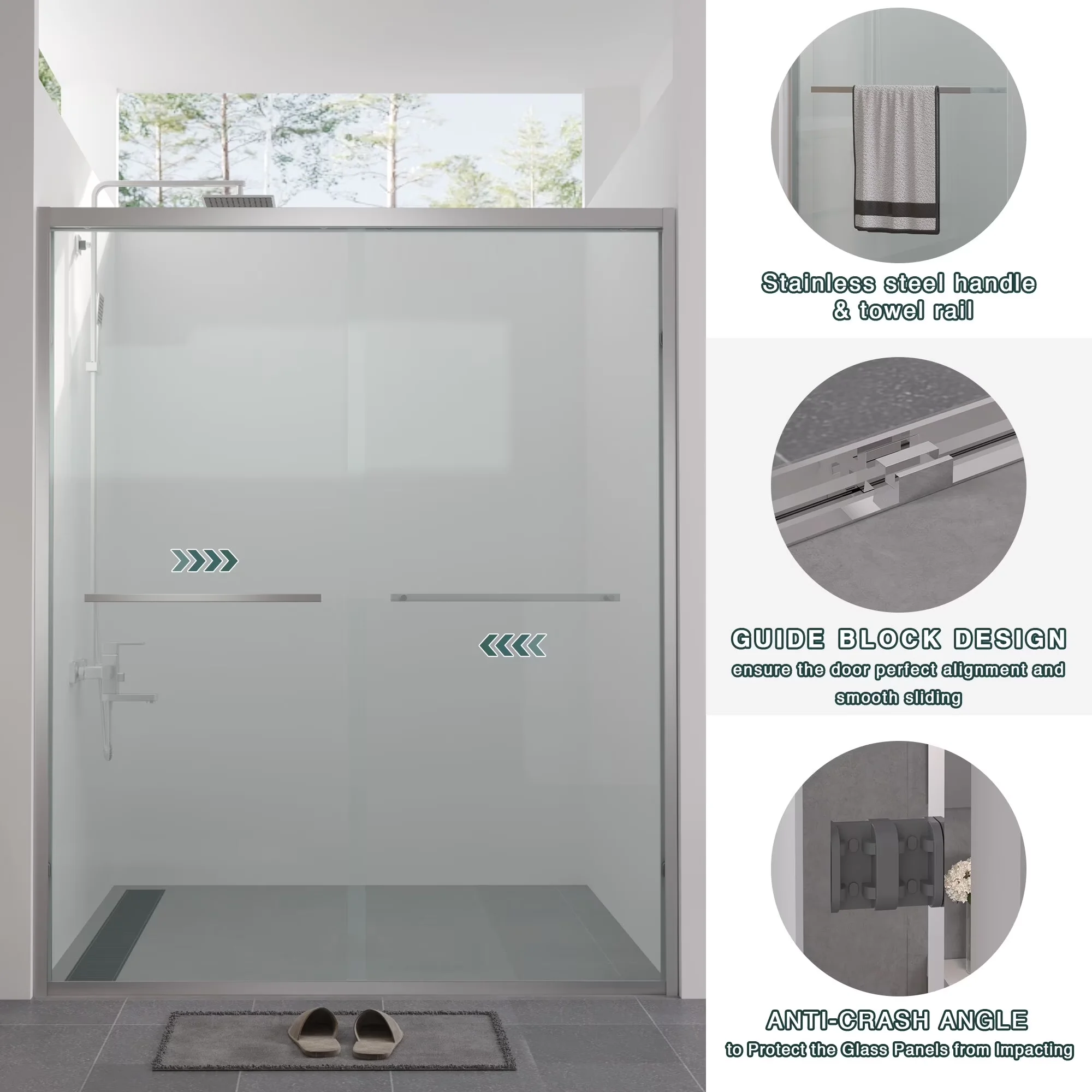 Durable Shower Head with Easy Installation, Bypass Bathroom Sliding Door, Premium 1/4" (6mm) Clear Tempered Glass - Chrome 63... Model 455E87