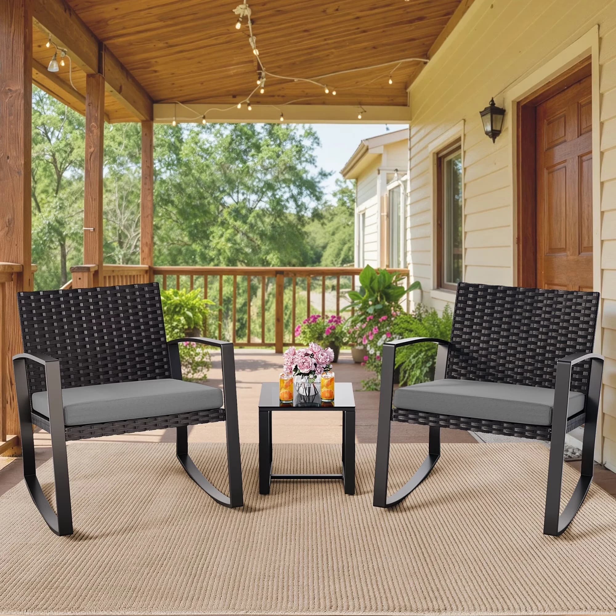 Premium Patio Dining Set with Outdoor Furniture, Table and Cushions, 3 Piece Wicker Rocking Chair - Wicker Gray Model 29D317