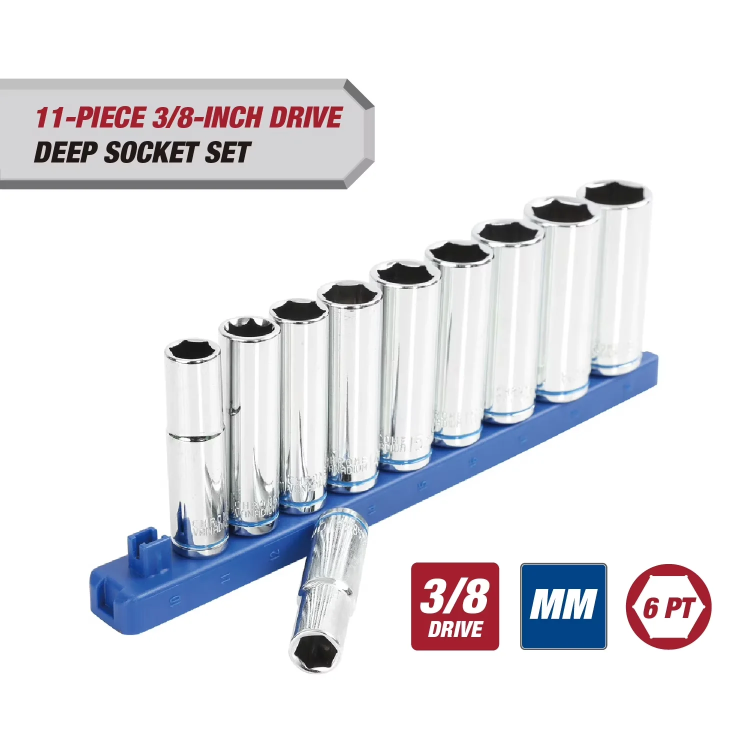 Hand Tool Set Reliable with Long-Lasting, Removable, Reusable Socket Rail, 10 Deep Sockets - Steel Model D41047