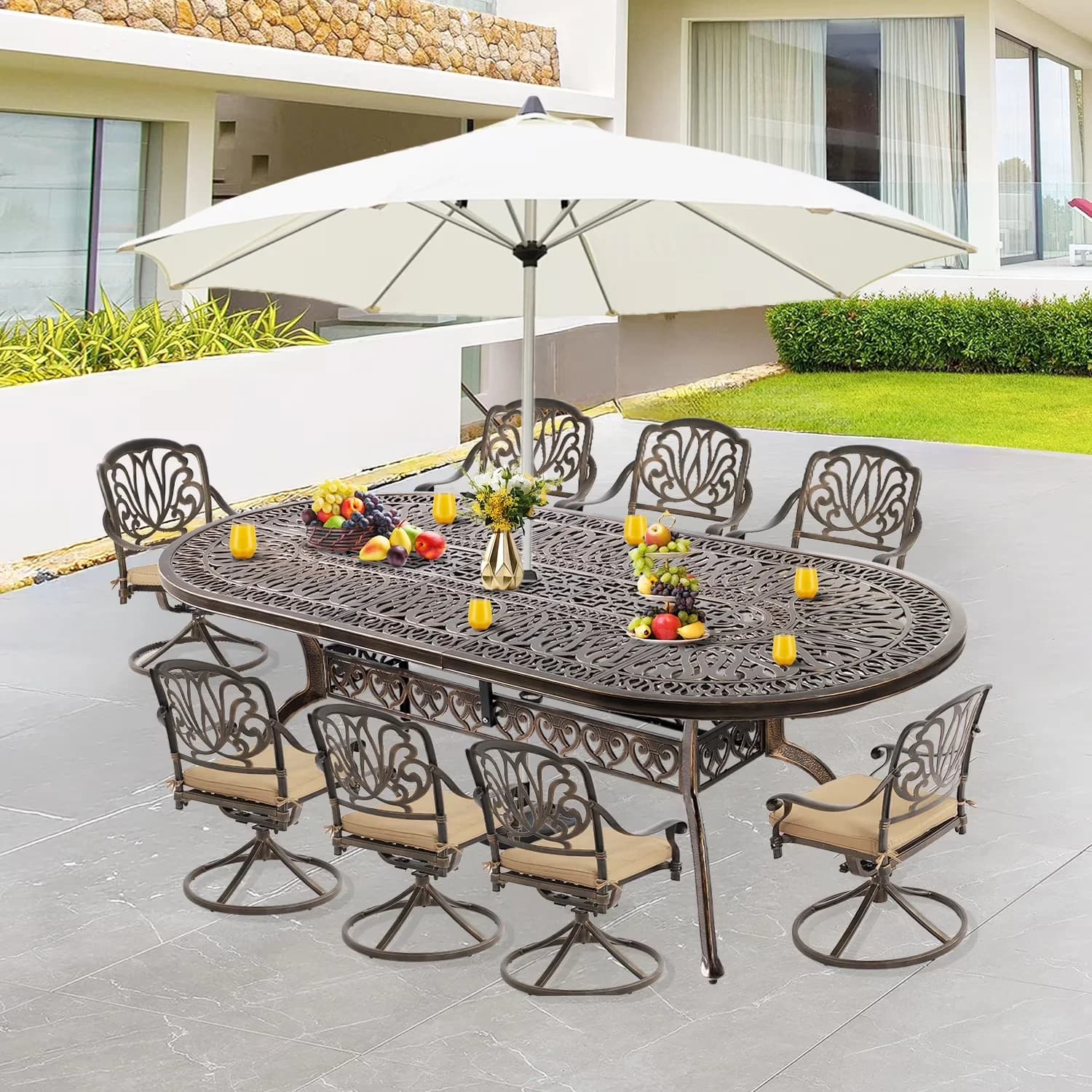Premium Patio Dining Set with Weatherproof, Metal Swivel Chairs of 8, 1.96" Umbrella Hole - Bronze Cast Aluminum Model 59702F