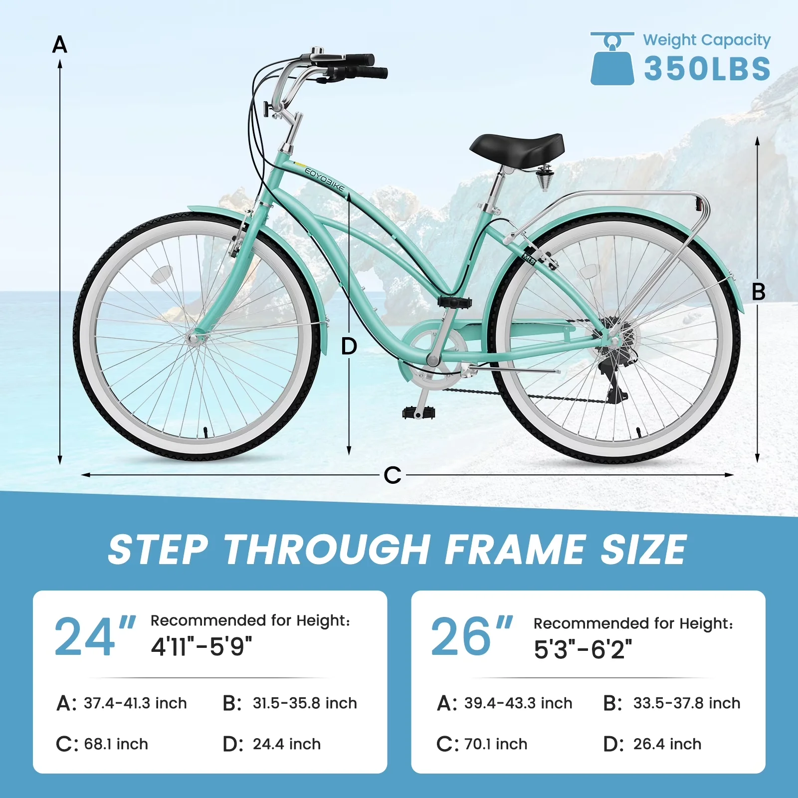 Cruiser Bike Classic with Adjustable Seat Height, Adjustable Speed, Lightweight - Blue Model D2D877