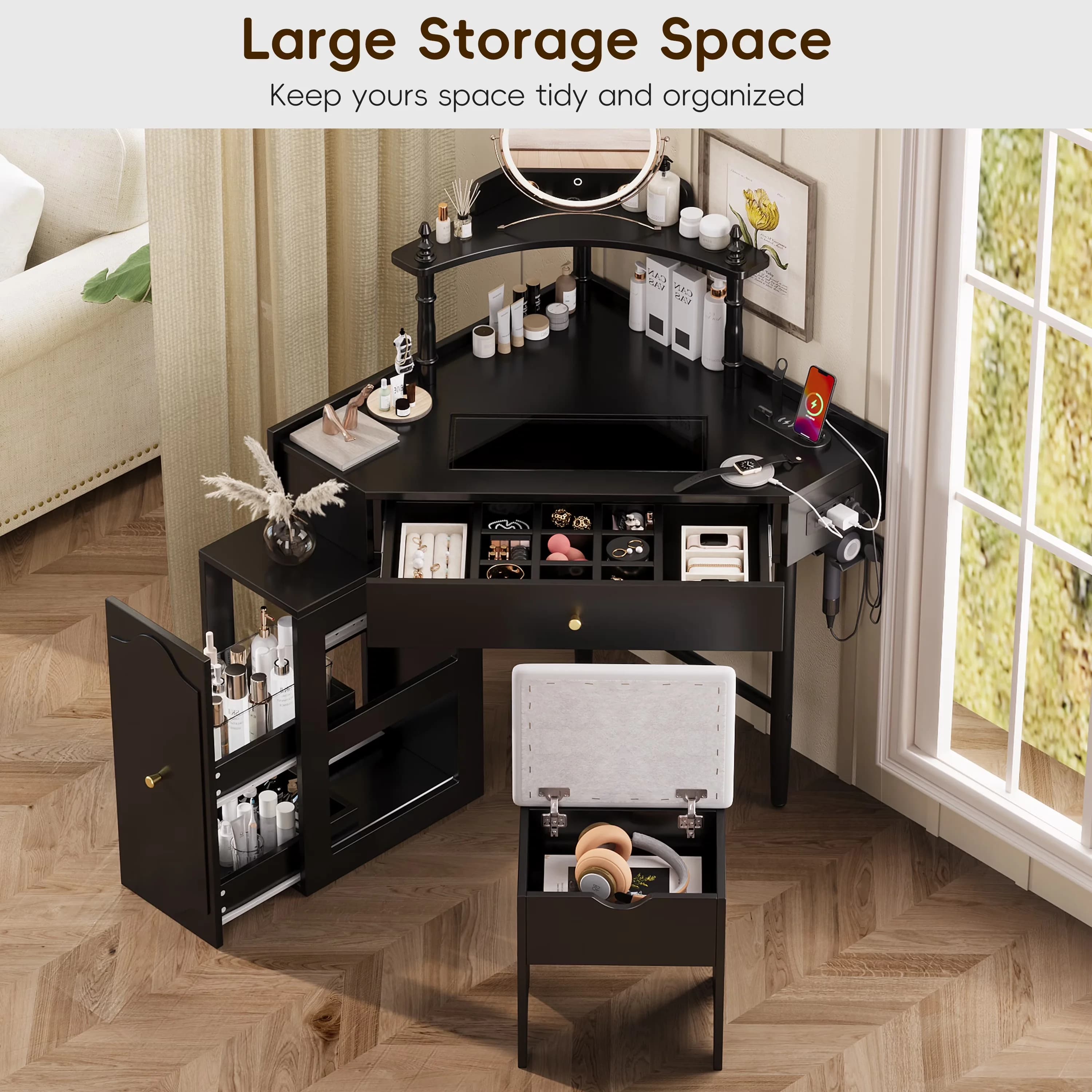 Bathroom Renovation Versatile with Usb Port, Modern, Triangle Makeup Desk - Black Model FAEE3E