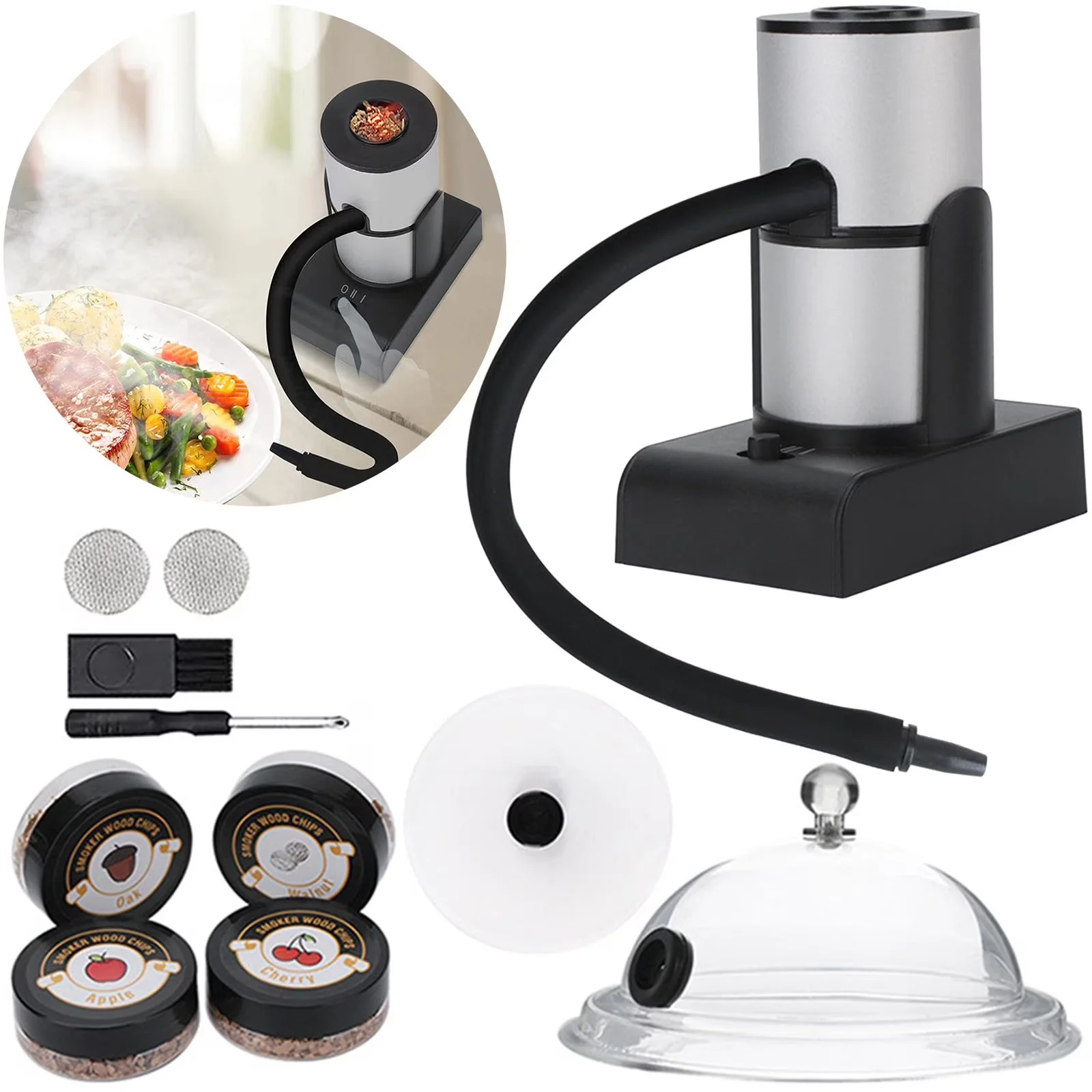 Modern Smoker with Cold Smoker, Wood Chips & Cleaning Brush Cold Food - Aluminum Alloy Black for Indoor, Outdoor Model FB5AAA