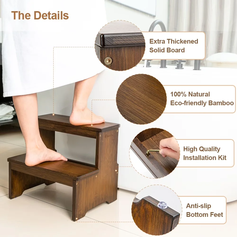 Quality Ladders And Step Stool with Anti-Slip, Bamboo Two-Step, Anti-Slip Bottom - Bamboo Model DB1F49