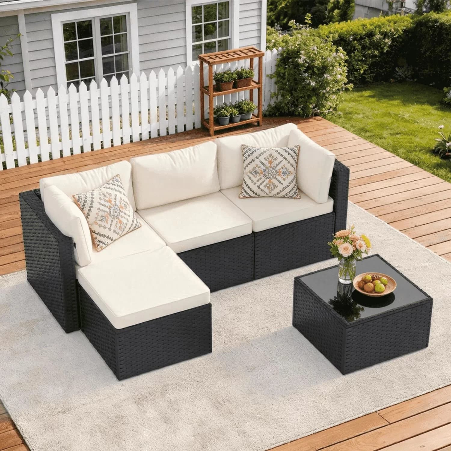 Innovative Outdoor Sofas Sectional with Waterproof, Modern, Weather-Resistant - White Glass + Polyester + Sponge + Metal + Rattan Model 3953C6