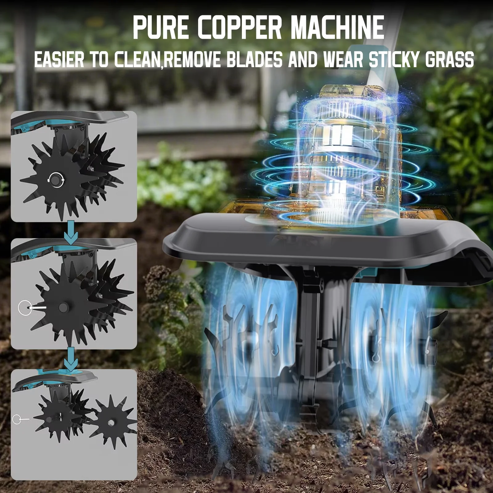 Trillers Cultivator Modern with 2×Battery & Charger, Garden Tiller, Manganese Steel Tines for Garden - Model CB5ADB